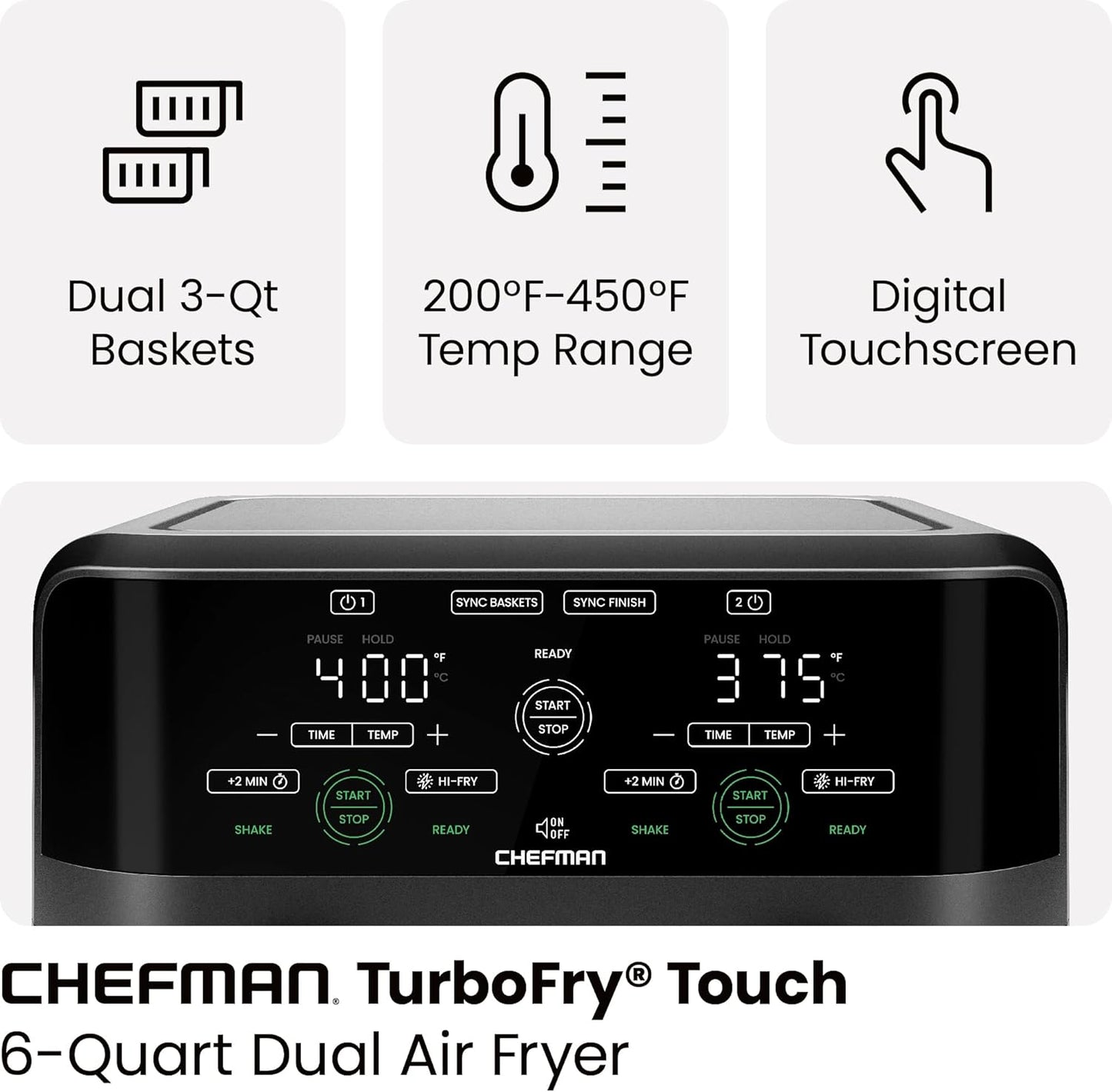 Chefman 6 Quart Dual Basket Air Fryer - Digital Touchscreen, Smart Sync Finish, Hi-Fry, Auto Shutoff, 2 Independent 3QT Nonstick Dishwasher-Safe Frying Baskets - Digital Double Air Fryer - Black