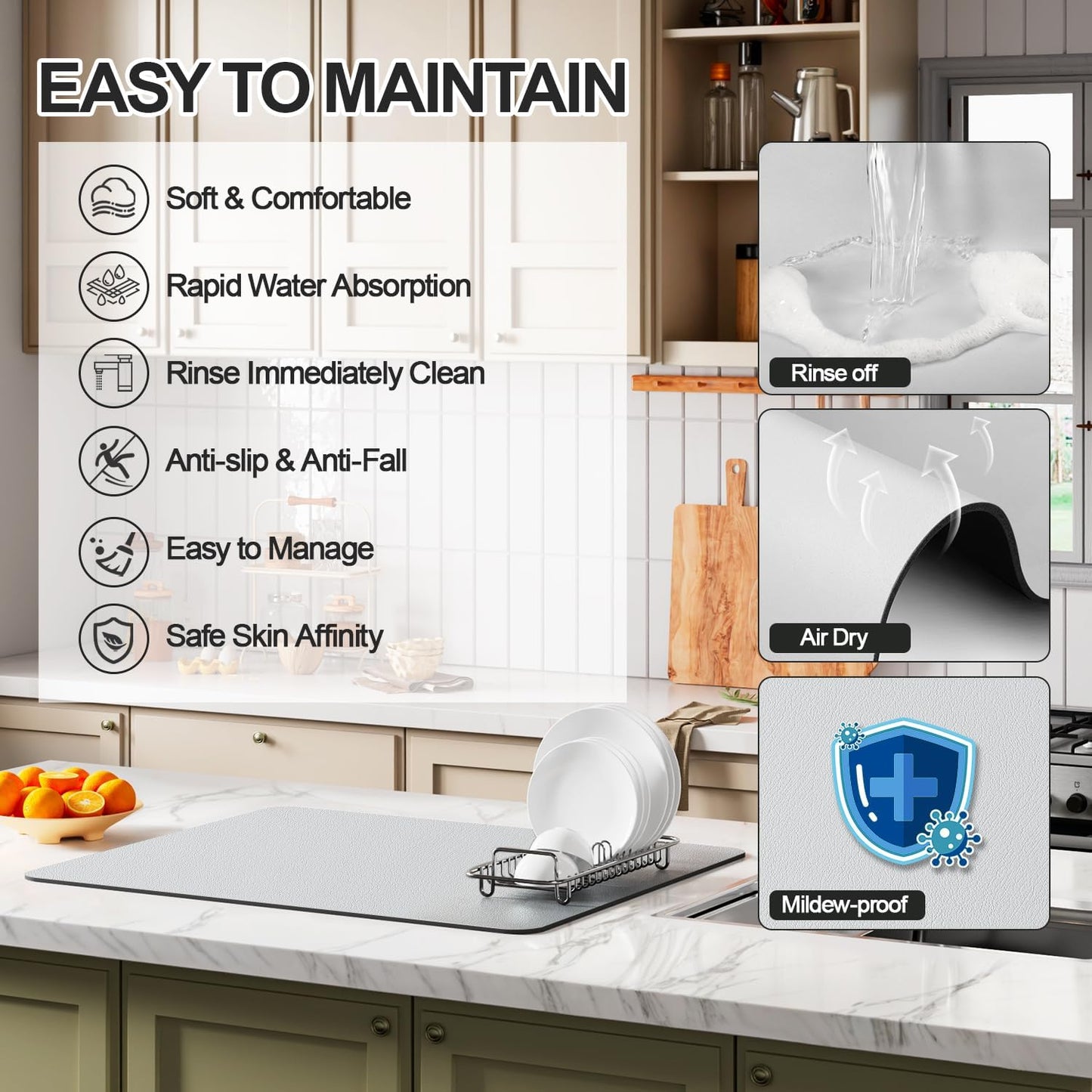 Dish Drying Mat for Kitchen Counter | Coffee Bar Mat for Countertops | Heat Resistant Drainer Mat with Non-slip Rubber Backed | Hide Stain Kitchen Absorbent Draining Mat | Light Grey 16"x24"