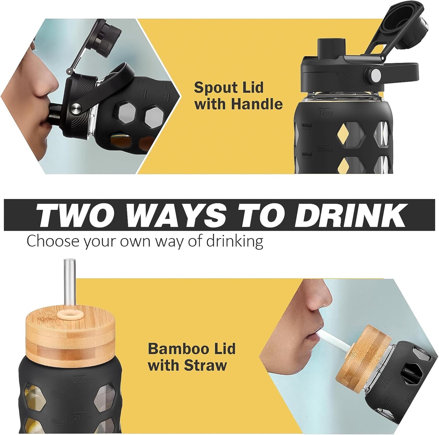 MUKOKO Glass Water Bottles, 32oz Glass Tumbler with Straw, Drinking Bottles with 2 Lids-Handle Spout Lid&Bamboo Straw Lid, Motivational Water Bottle with Time Marker and Silicone Sleeve, 1 Pack-Black
