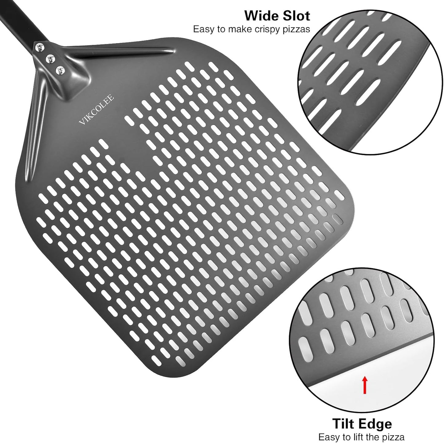 Perforated Pizza Peel, 14 x 16 Inch Rectangular Pizza Turning Peel, Professional Anodized Aluminum Turning Pizza Spatula, 34 inch overall