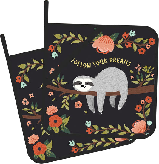 Pot Holder Set of 2,Cute Cartoon Sloth Kitchen Heat Resistant Potholder for BBQ Cooking Baking,Food Hot Pat for Women Men Kitchen Wear