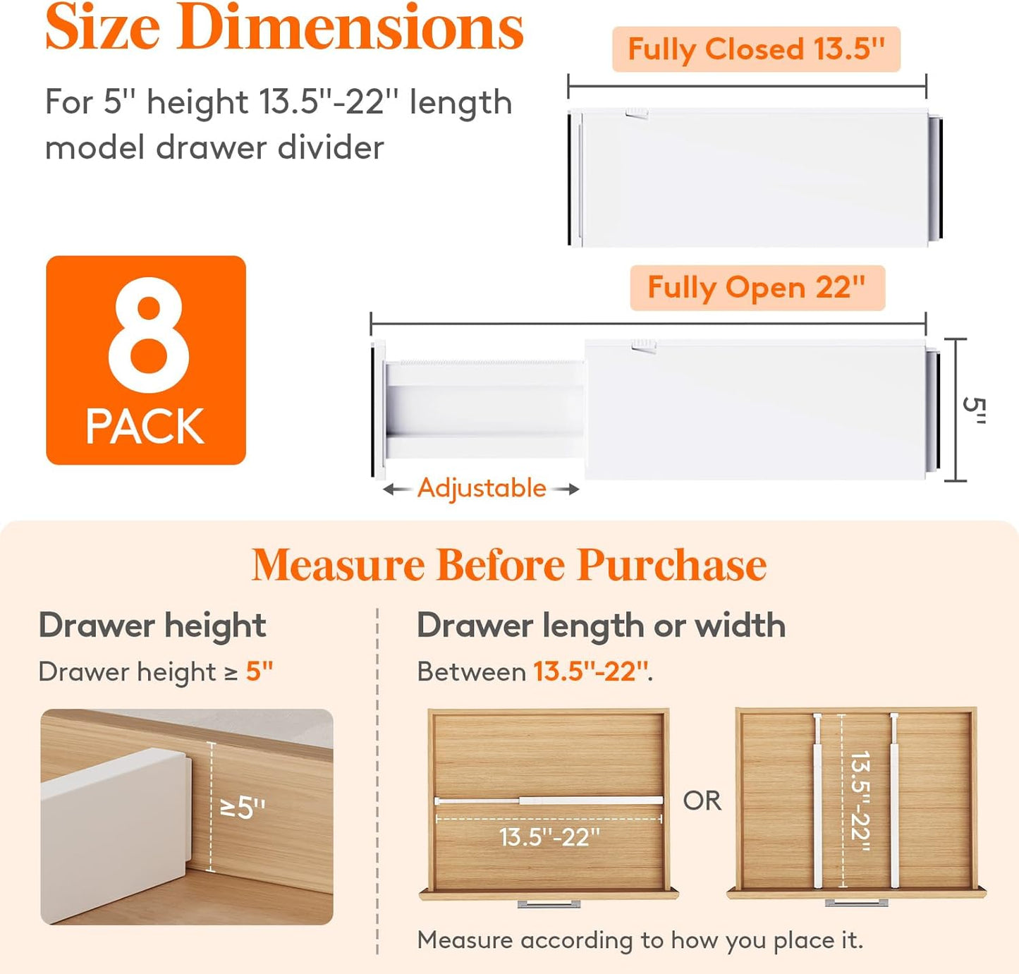 Lifewit 8 Pack Drawer Dividers 5" High, 13.5-22" Adjustable Clothes Organizers, Expandable Dresser Separators in Bedroom/Bathroom/Kitchen/Office