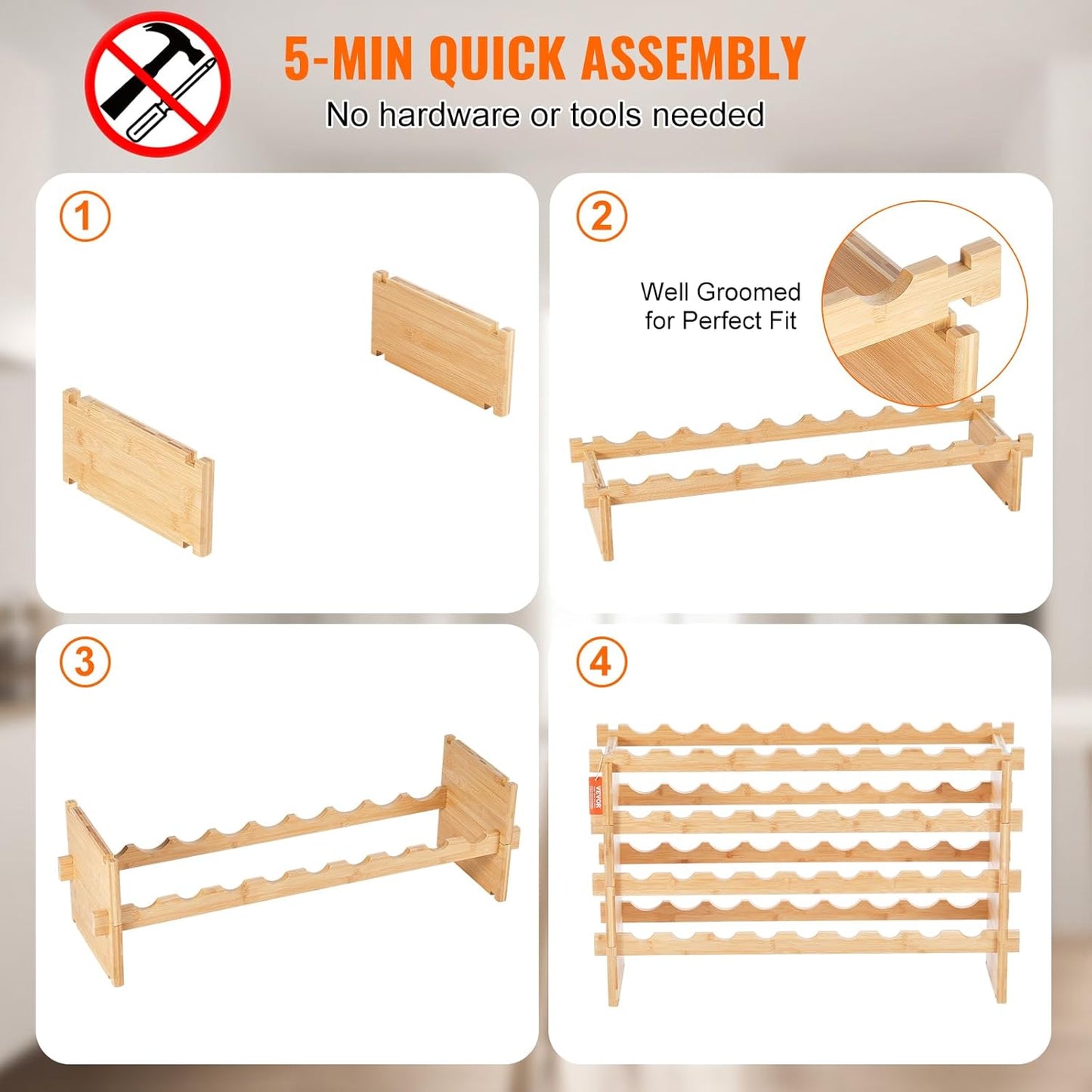 VEVOR 36 Bottle Stackable Modular Wine Rack, 4-Tier Solid Bamboo Wood Storage Racks, Floor Freestanding Wines Holder Display Shelf, Wobble-Free Shelves for Kitchen, Bar, and Cellar (Natural Color)