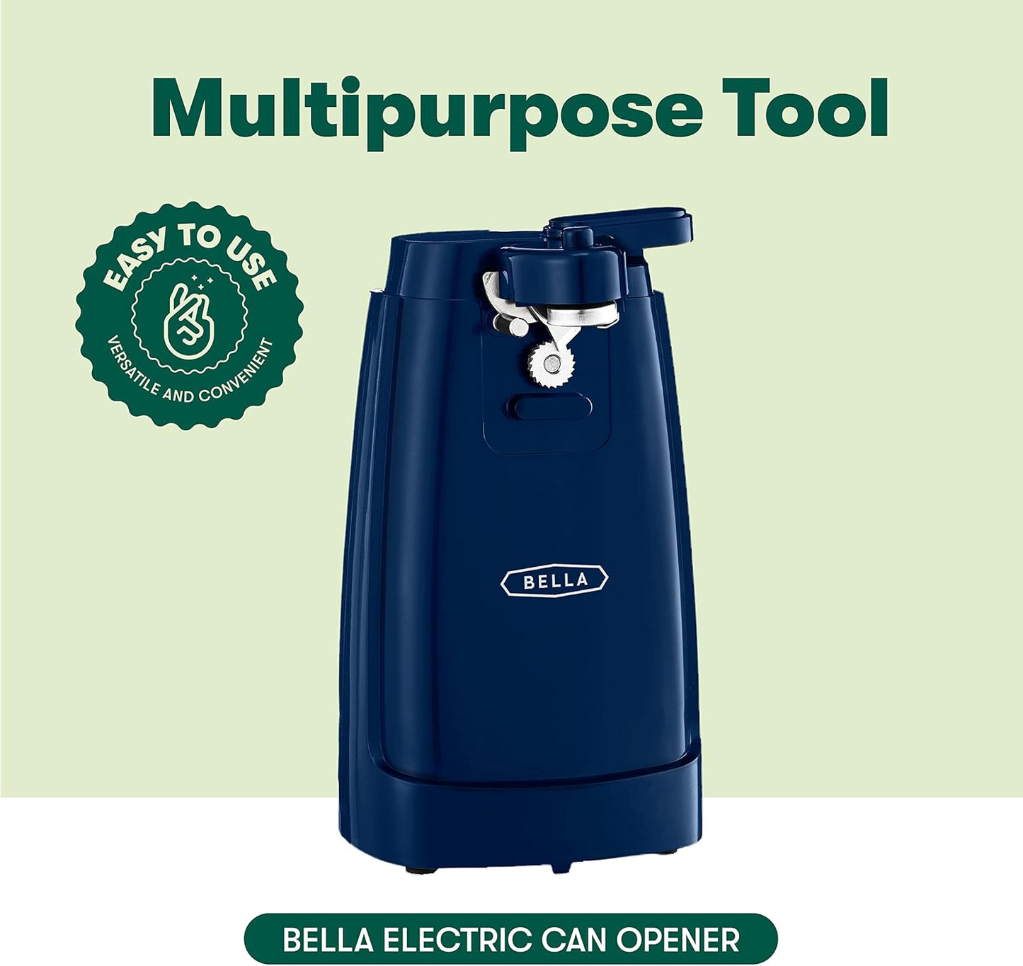 BELLA Electric Can Opener and Knife Sharpener, Multifunctional Jar and Bottle Opener with Removable Cutting Lever and Cord Storage, Stainless Steel Blade, Navy