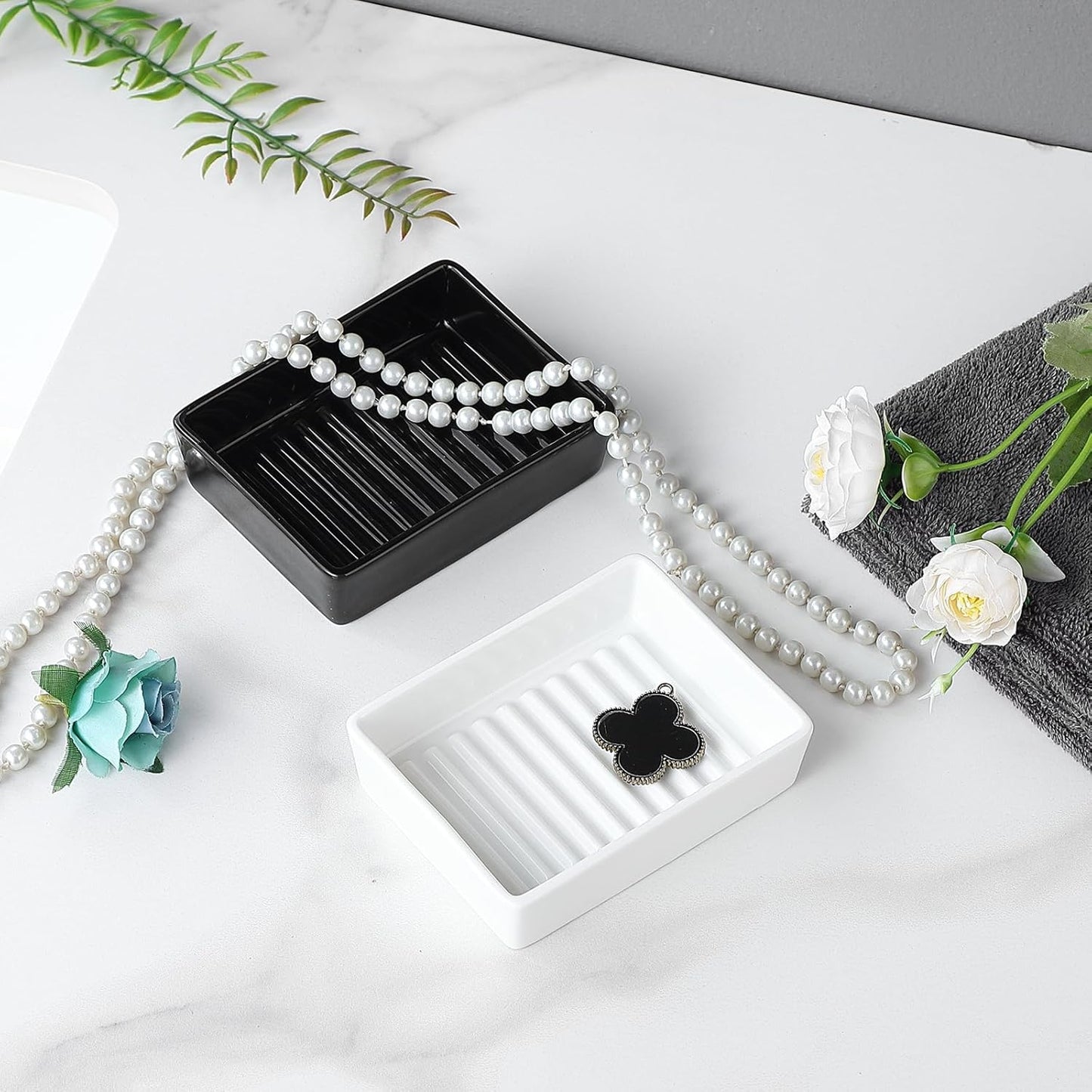 White Rectangle Soap Dish - Modern Ceramic Hand Soap Holder Non-Slip Bar Soap Holder Soap Tray for Bathroom, Kitchen Sink, Shower, Countertop, Easy to Clean