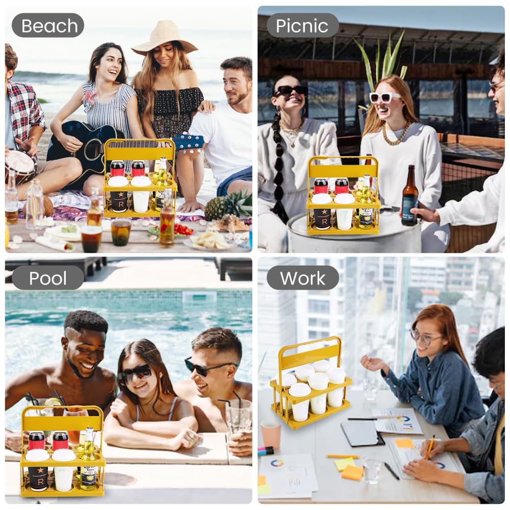 Bodaon 6 Cup Drink Carrier with Handle, Plastic Cup Holders for GrubHub/Doordash Delivery, Reusable Foldable Car Drink Caddy, Leakproof Food Delivery Accessories, 360° Secure Grip, Yellow