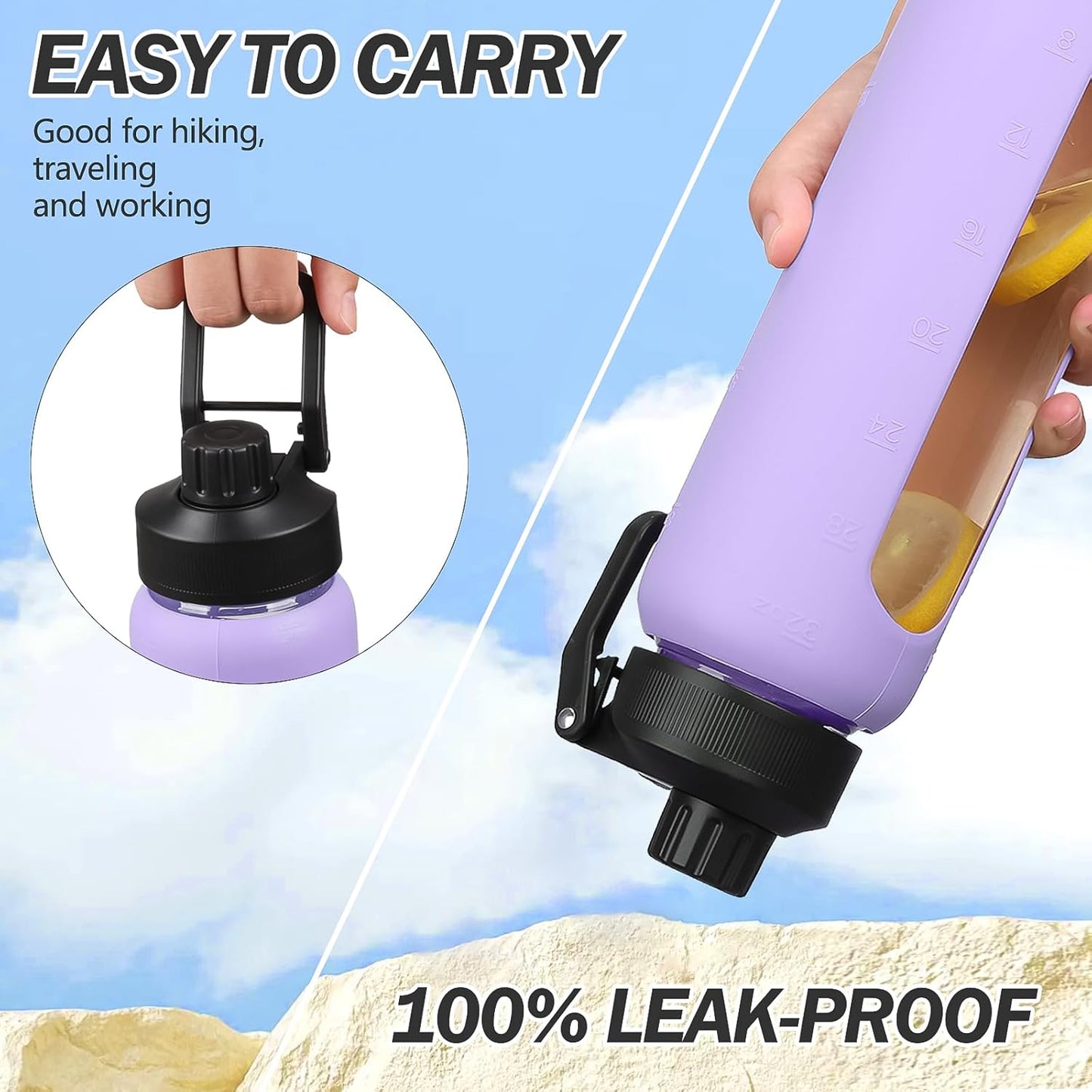 Glass Water Bottle with Straw, 24oz Glass Drinking Bottle with 2 Lids-Bamboo and Spout Lid with Phone Holder Handle for Gym Sports,with Silicone Sleeve and Time Marker,Purple