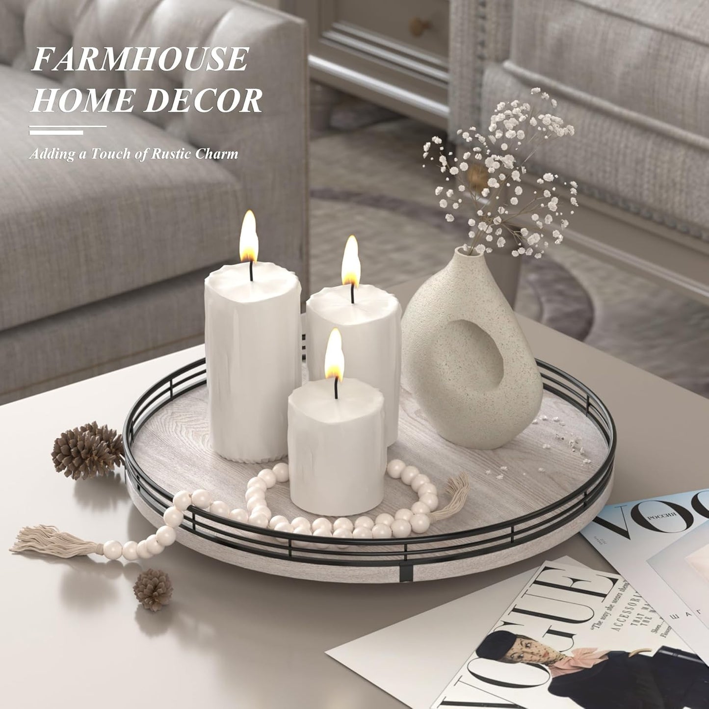 13" Oak Bathroom Vanity Tray Turntable for Perfume Candle, Round Wooden Decorative Tray for Kitchen Sink Countertop Organizer, Bathroom Counter Organizer for Skincare Makeup, Rustic White