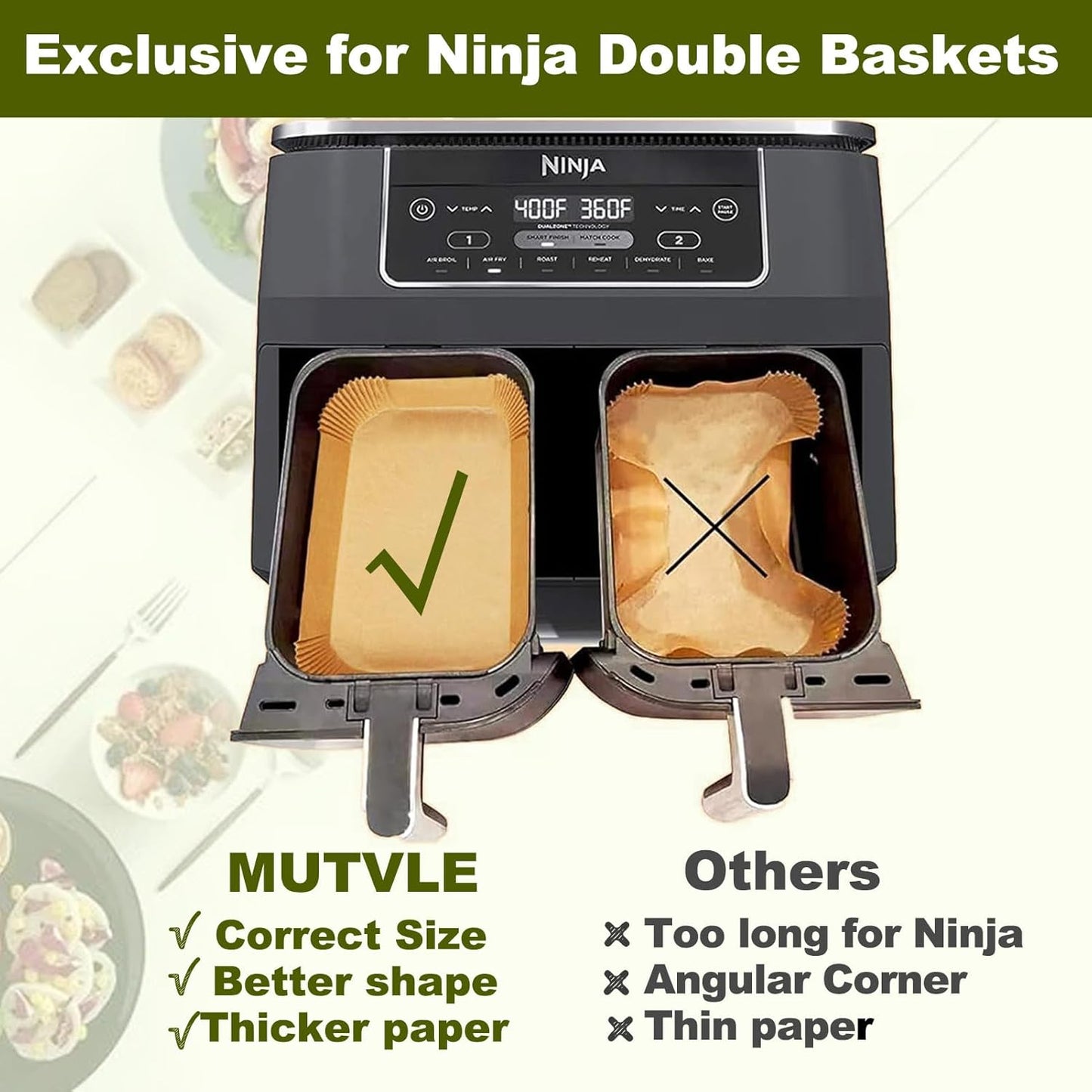 Air Fryer Liners for Ninja Dual, Air Fryer Parchment Paper Liners Disposable for Ninja DZ201, Ninja Foodi Liners, Disposable Ninja Dual Rectangular, AirFryer Paper Liners Rectangle Accessories Ninja