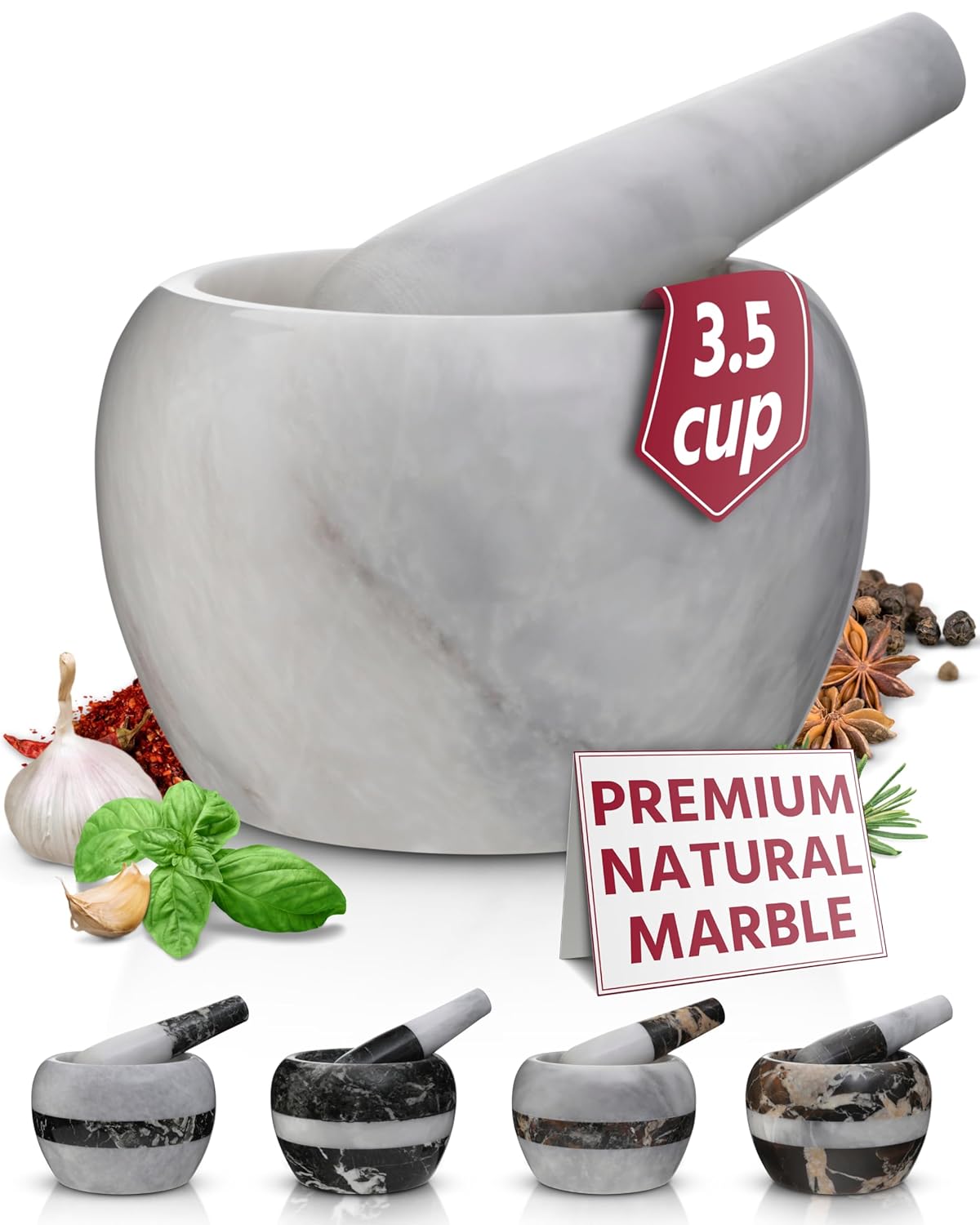 Gusto Nostro Natural Marble Mortar and Pestle Set | 6 Inch - 3.5 Cup Extra Large Mortar Pestle Set for Grinding Herbs, Nuts, Grains | Pesto Grinding and Guacamole Stone Bowl | Marble Spice Crusher