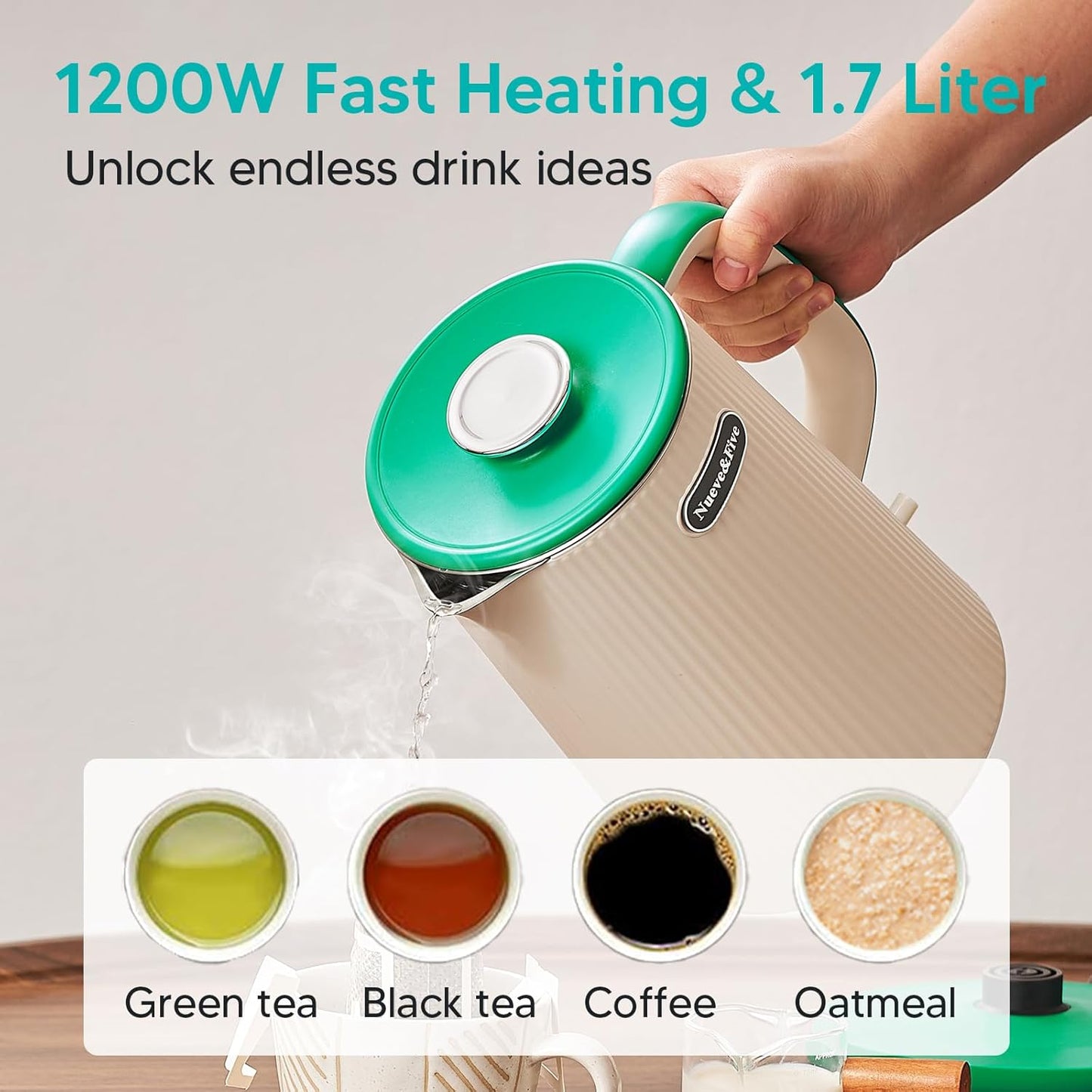 Nueve&Five 1.7L (57oz) Large Electric Kettle Perfect for 7+Cups of Tea and Coffee,2 quarts Double Wall Big Electric Tea Kettle,Auto Shut Off,1200W Hot Water Kettle Electric -Green