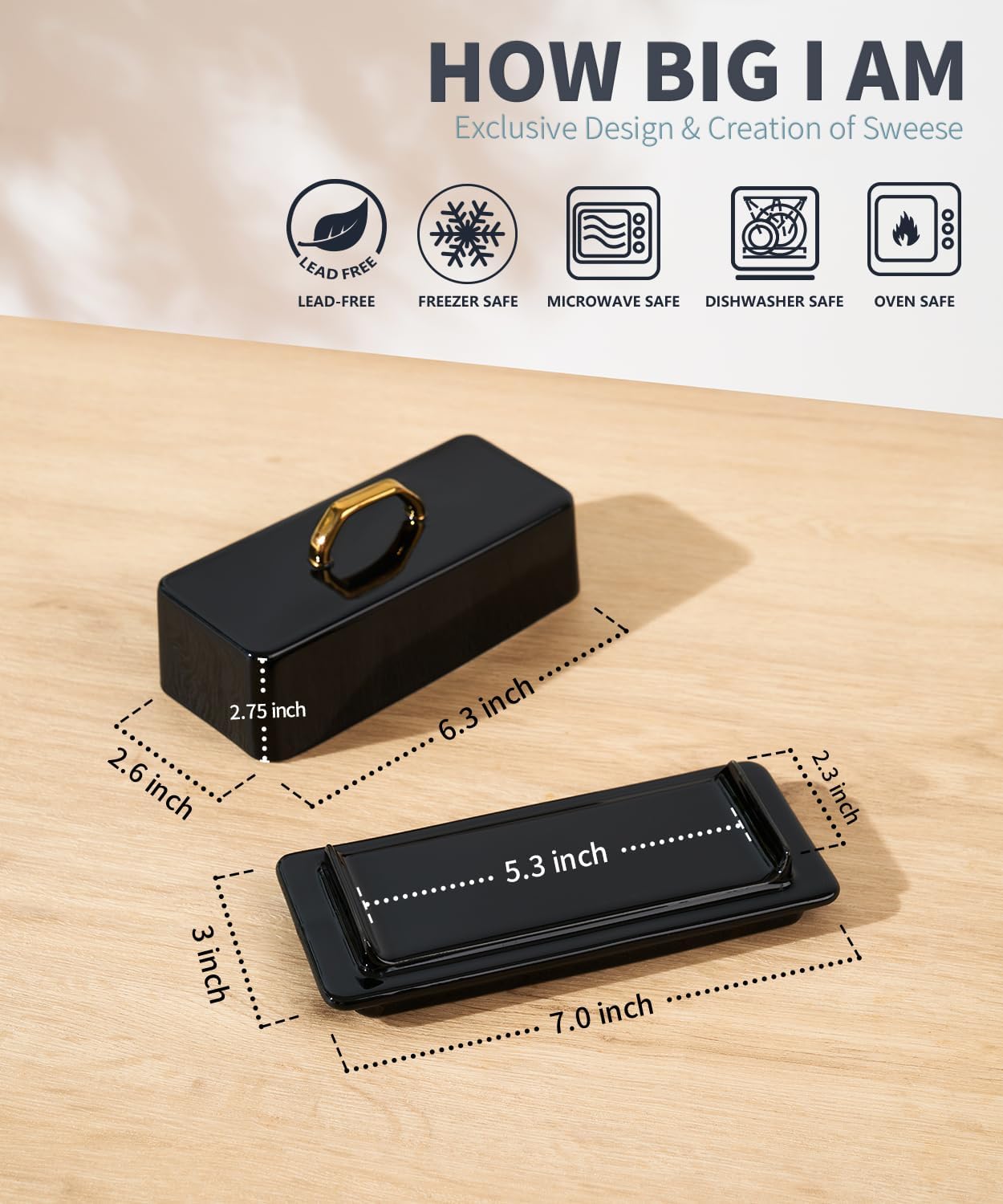 Sweese Butter Dish with Lid for Countertop - Butter Container - Butter Saver, 4oz Beautiful Small Butter Tray for East West Coast Butter, Fridge, Dishwasher Safe