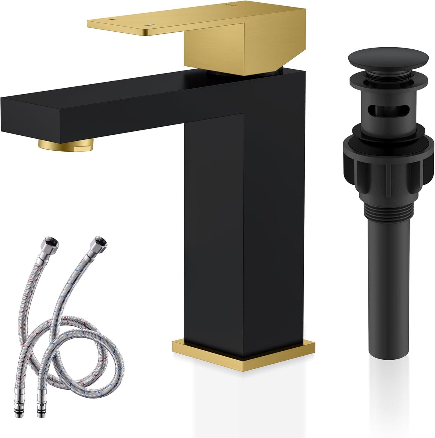 KENES Single Handle Bathroom Sink Faucet, Black and Gold Bathroom Faucets Single Hole, Vanity Faucet with Pop Up Drain and Supply Lines, Matte Black/Brushed Gold LJ-9031-BG