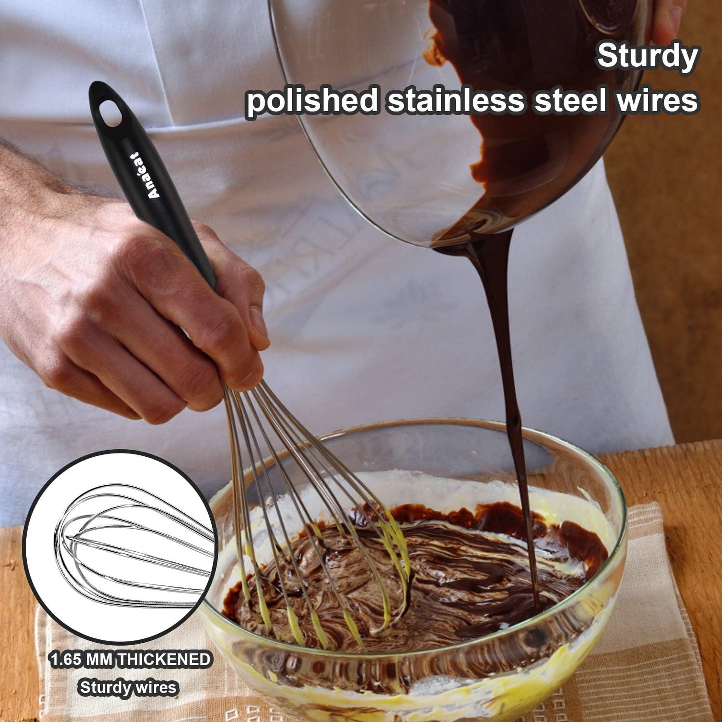 Anaeat Stainless Steel Kitchen Whisk Set of 4, Milk and Egg Beater Blender with Thick Wire for Whisking, Cooking, Baking, Beating and Stirring - 11'' Flat Whisk and 8.5''+10.5''+12'' Balloon Whisks