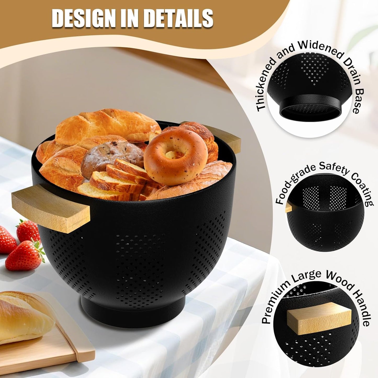 Colander for Kitchen - Strainers and Colanders - 6 Quart Large Metal Colander with Wood Handle - Food Strainer Basket for Draining Pasta, Vegetable & fruit, Kitchen Gadgets Matte Black