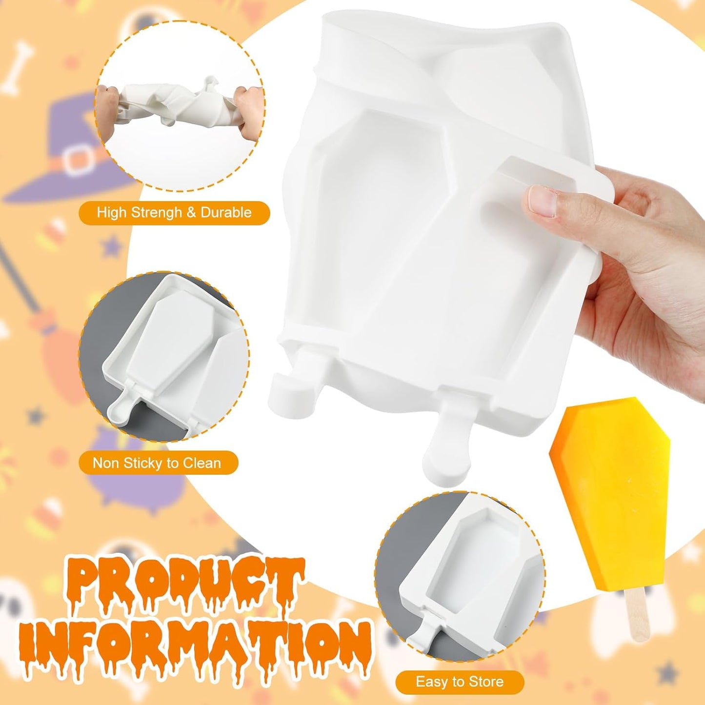 Hushee Halloween Coffin Shaped Mold Large 4 Cavity Reusable Silicone Cakesicle Cake Pop Ice Cream Mold for Halloween Adults Homemade Ice Cream Chocolate Candy DIY Trick Dessert Decorating