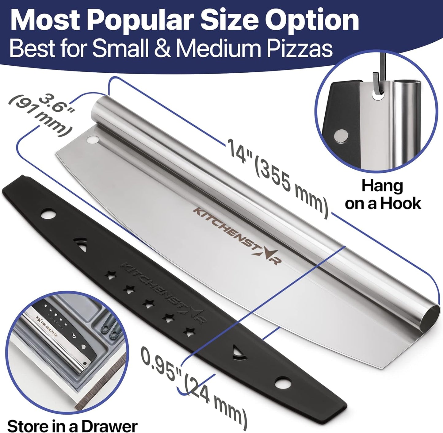 KitchenStar 14-Inch Pizza Cutter Rocker Blade - Sharp Stainless Steel Slicer Knife, Protective Cover, Dishwasher Safe, Large - Professional Pizza Oven Accessories