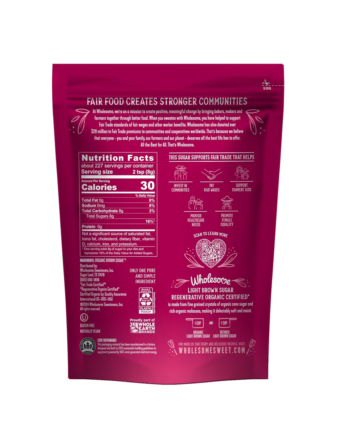 Wholesome Fair Trade Organic Light Brown Sugar, 64oz, 1-Pack