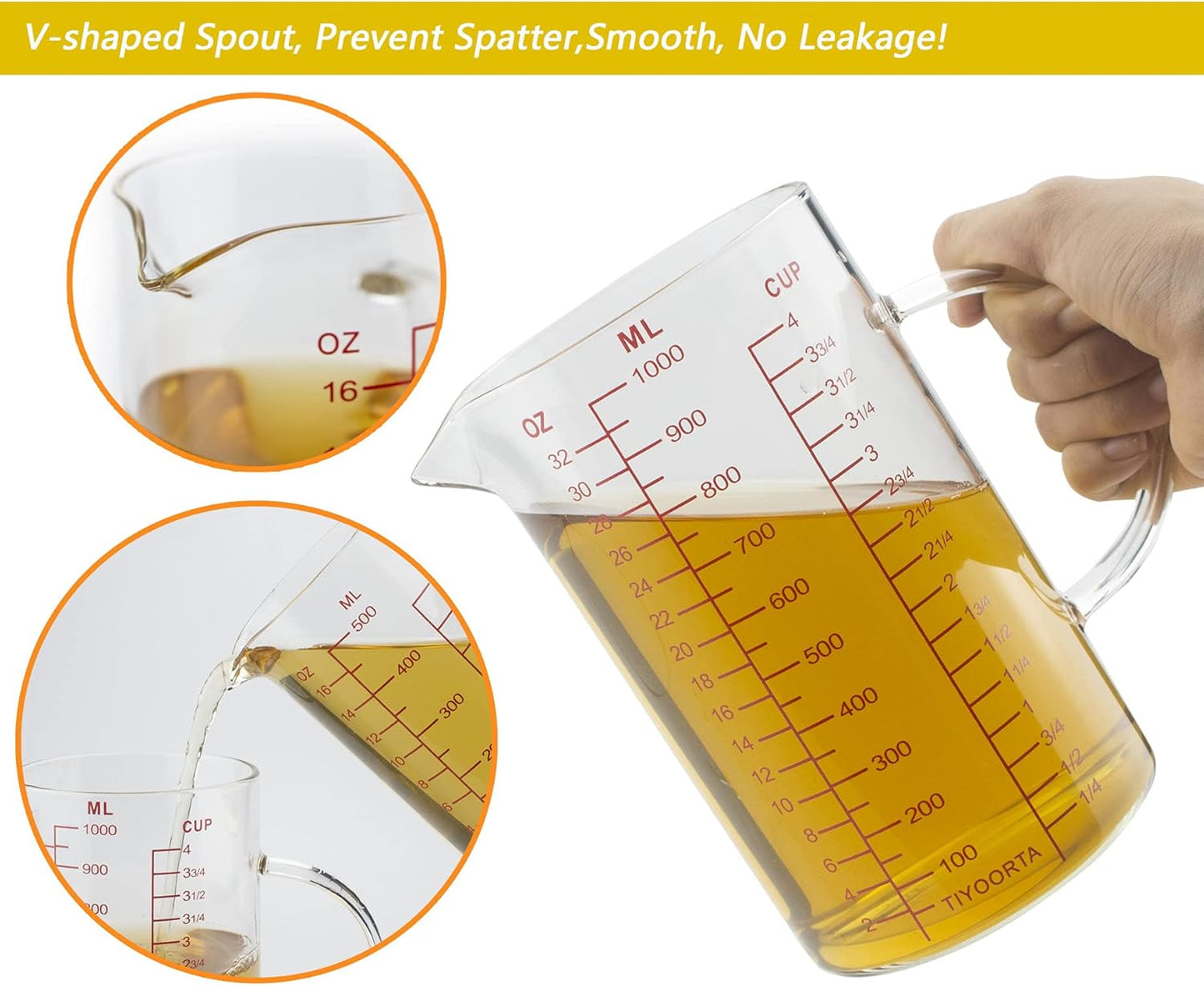 Glass Measuring Cup with Handle, Three Scales (OZ, Cup, ML), V-Shaped Spout, Measuring Beaker for Kitchen or Restaurant, Easy to Read, by TIYOORTA (1000ML RED)