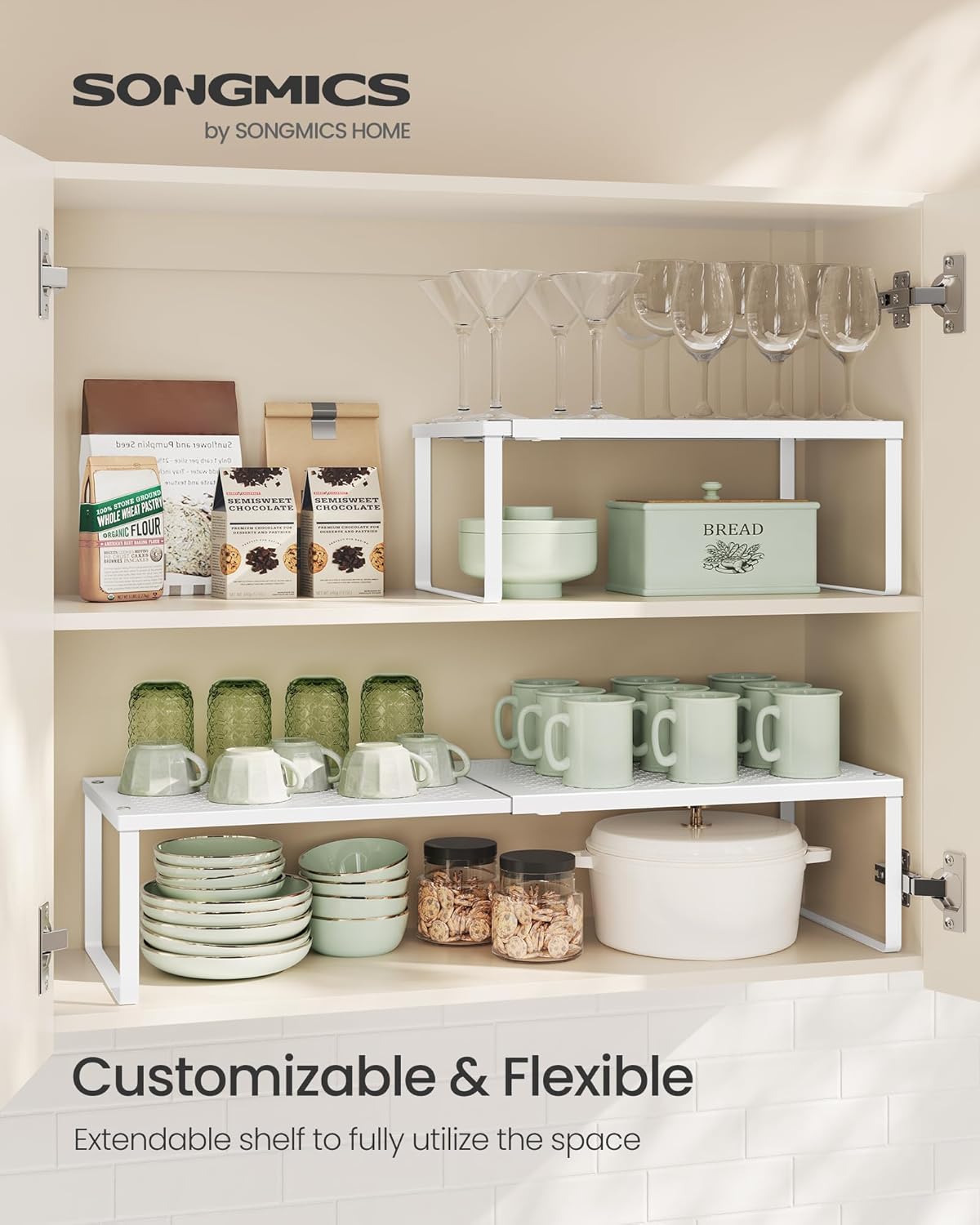 SONGMICS Expandable Pantry Kitchen Organizers, Adjustable Spice Rack, Stackable Cabinet Organizers, Metal, Space-Saving Tabletop Shelves, Matte White UKCS007W01