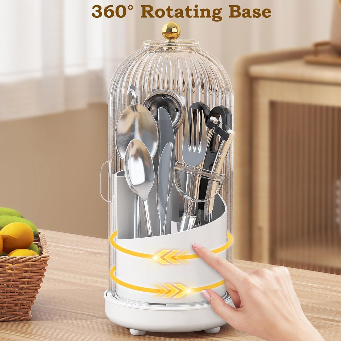 JEESA Utensil Holder with Lid, 360° Rotating Flatware Organizer for Cutlery Spoon Fork(H Less 8"), Silverware Caddy Organizer Drainage Dustproof Flatware Holder Kitchen Countertop Storage, White