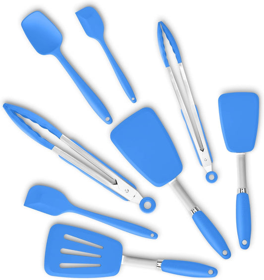 Silicone Spatulas Set Turners Tongs Cooking Utensils Set High Heat Resistant Kitchen Scraper Spatulas for Cooking Mixing Baking BPA Free Dishwasher Safe, Blue