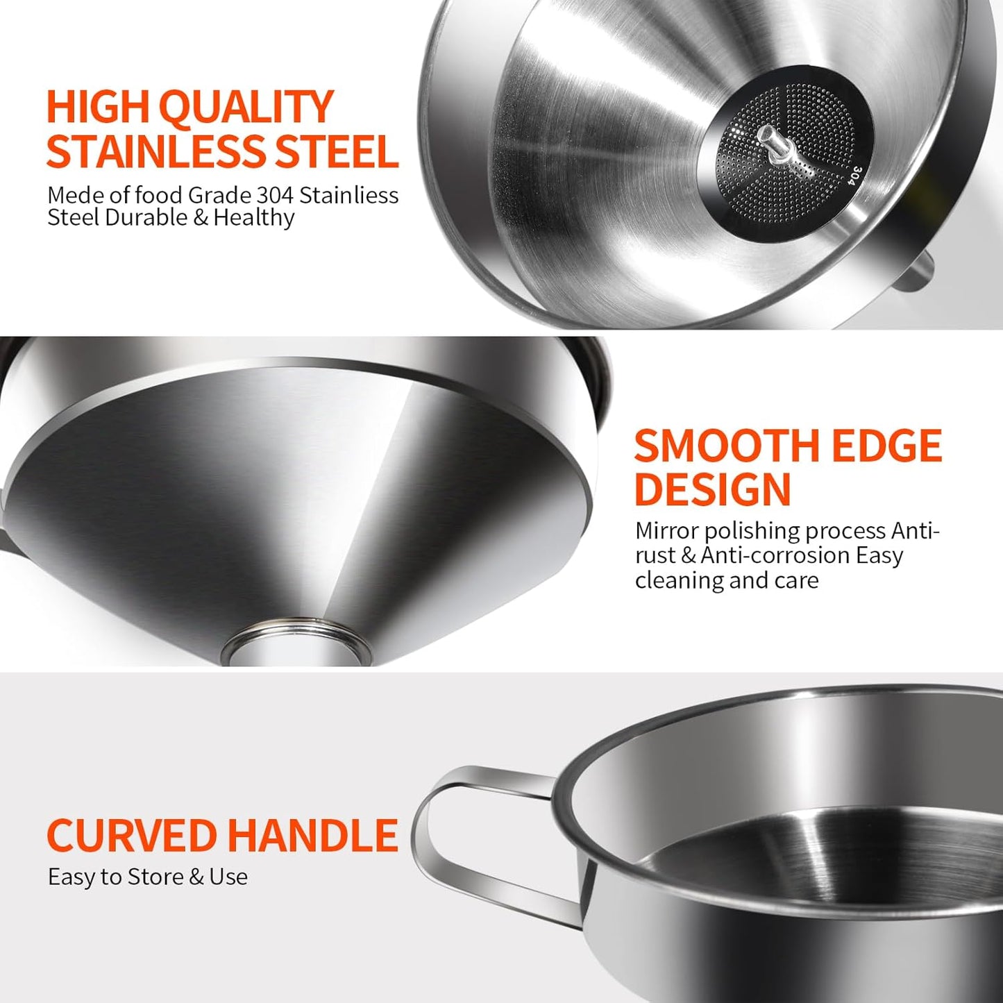 YGDZ Stainless Steel Funnel, 3PCS Kitchen Funnels for Filling Bottles Set, Large Food Grade Metal Funnel with 3pcs Removable Strainer, 2pcs Brushes, Funnels for Kitchen Use, Bottle Funnel for Liquid