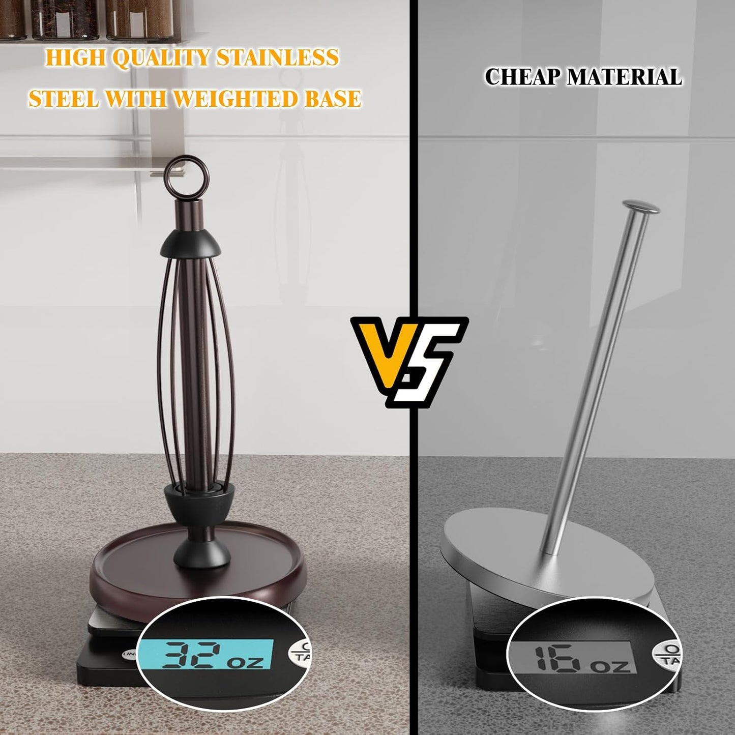 Oil Rubbed Bronze Paper Towel Holder Countertop, Bronze Kitchen Accessories Decor, Stainless Steel, Weighted Base, One Hand Tear Paper Towel Stand with Ratchet System for Kitchen Farmhouse Essentials