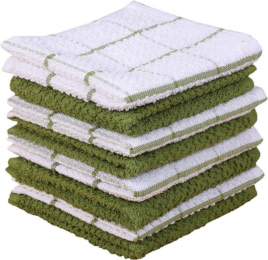 AMOUR INFINI Cotton Kitchen Dish Cloths Set of 8 – Highly Absorbent, Super Soft Premium Terry Cleaning Cloth (12"x12" Inch) Premium Dishcloths for Washing Dishes (Green)