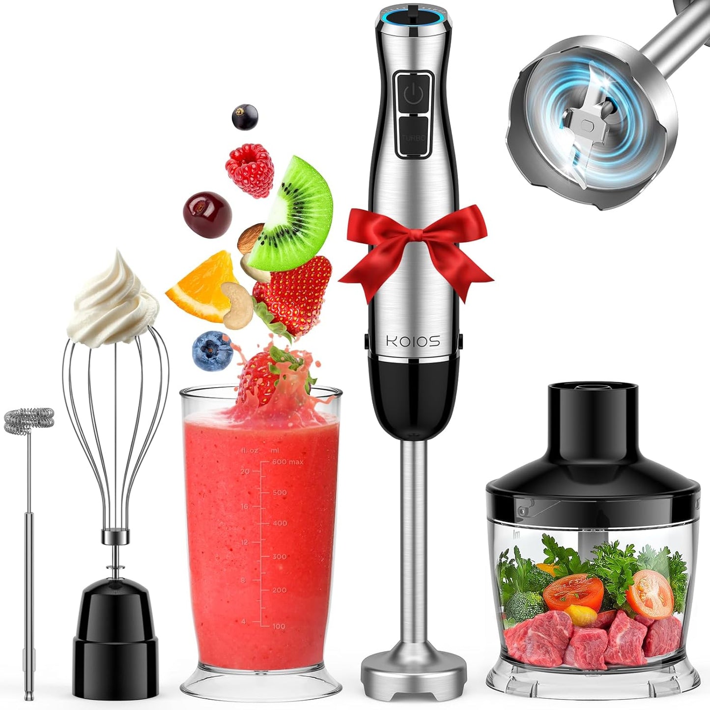 KOIOS Immersion Blender, 1100W 5-in-1 Multi-Purpose Hand Blender, 12-Speed, 600ml Beaker, 500ml Chopper, Egg Whisk, Milk Frother, Black