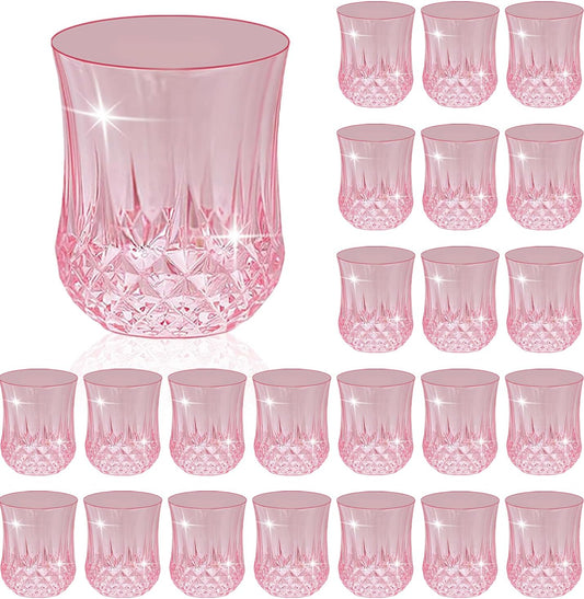 24 PCS Pink Unbreakable Stemless Wine Glasses，9OZ Vintage Colored Plastic Reusable Cups Drinking Glass Goblets Tumblers for Whisky, Beer, Juice, Beverages, Cocktail
