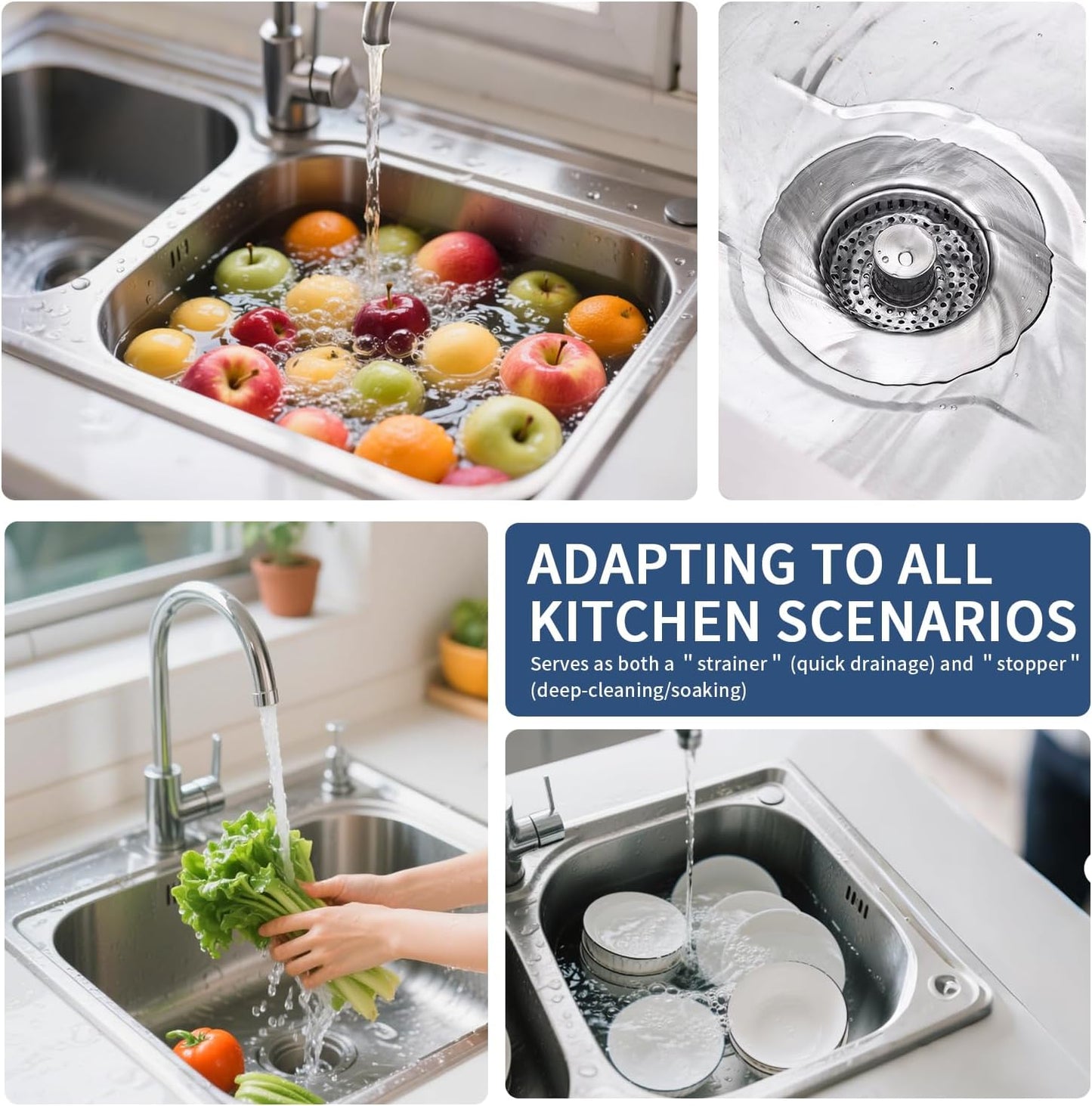 3-in-1 Kitchen Sink Drain Strainer & Sink Stopper 2 Pack - 304 Stainless Steel Sink Drain Strainer, Pop-Up Anti-Clog Design, Fits Standard 3-1/2'' Sink Drains