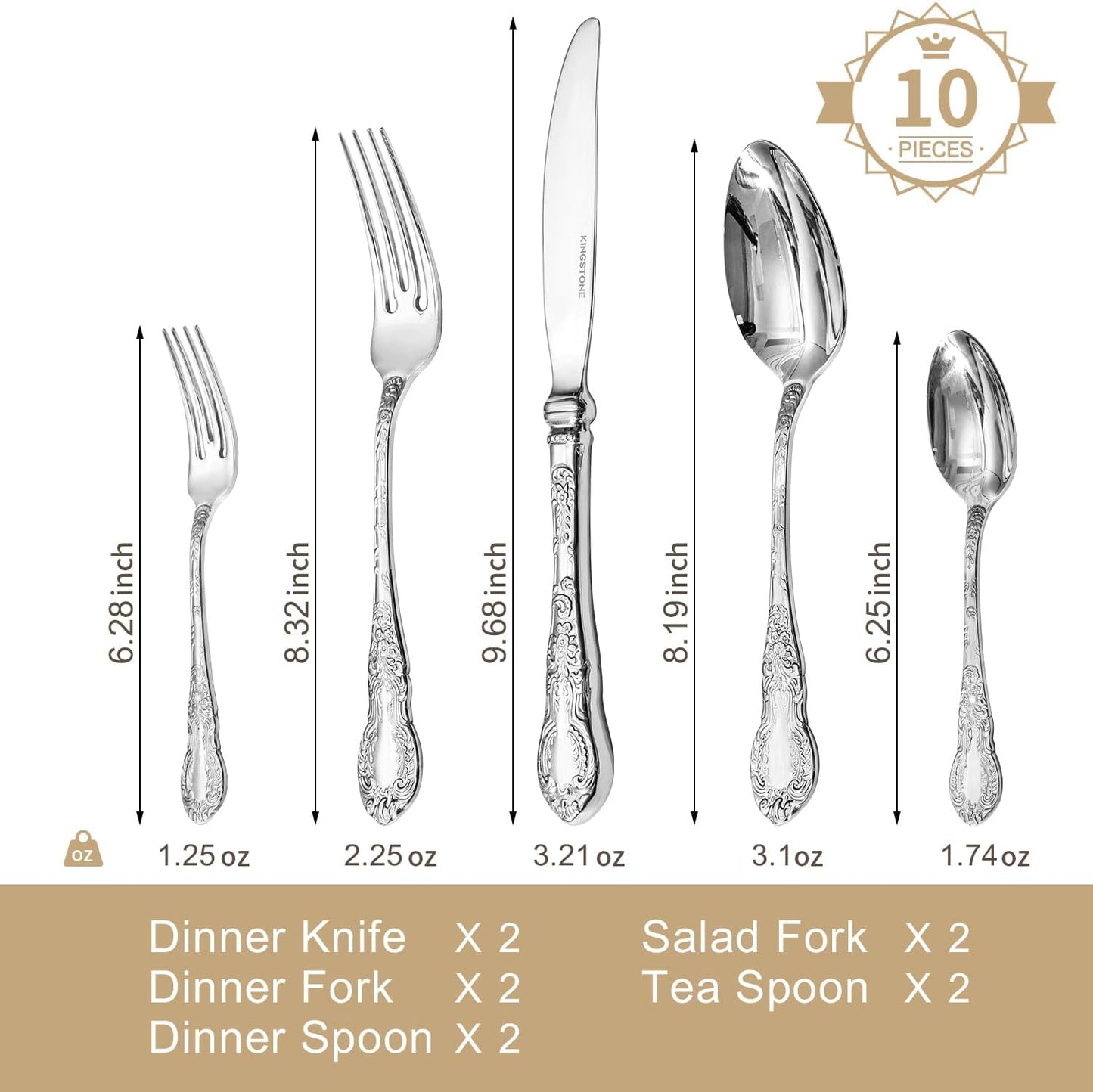 KINGSTONE Vintage Carved Silverware Set, 10-Piece 18/10 Stainless Steel Flatware Cutlery Set with Retro Royal Thick Handle, Tableware Utensils for Home, Restaurant, party, Wedding, Dishwasher Safe