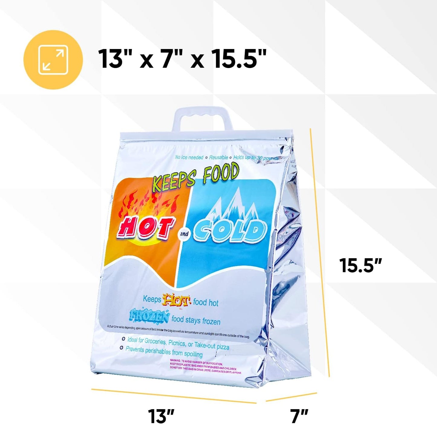 Superio Hot and Cold Insulated Bags for Food Delivery, Grocery Shopping Bags, Food Storage for Hot and Frozen Food for Travel, Disposable Cooler Bag, Reinforced Thermal Lunch Bag (1, 13"x7"x15.5")