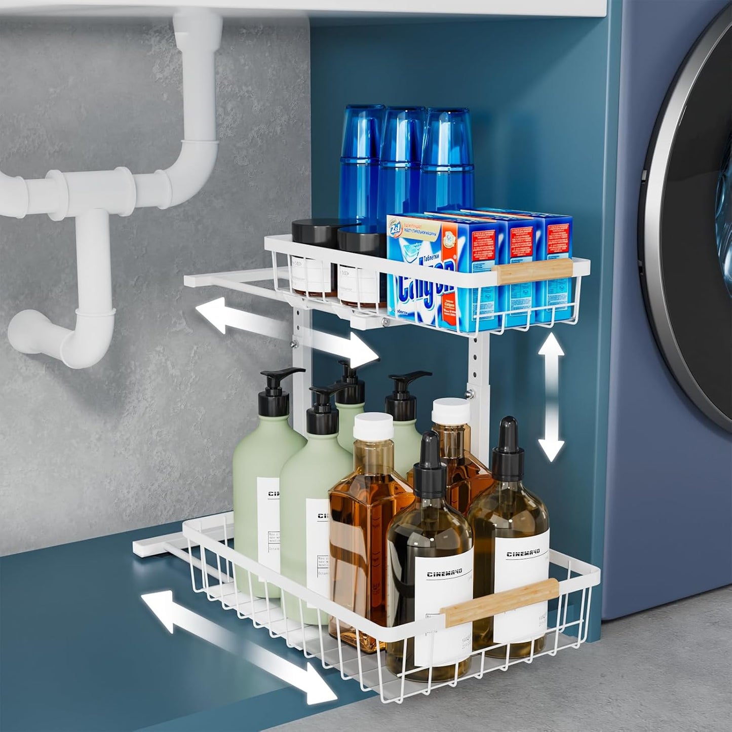 Metal Under Sink Organizers and Storage, 2 Tier Under Sink Organizer Pull Out, Adjustable Under Kitchen Sink Organizer, Sliding Cabinet Organizer for Bathroom, White