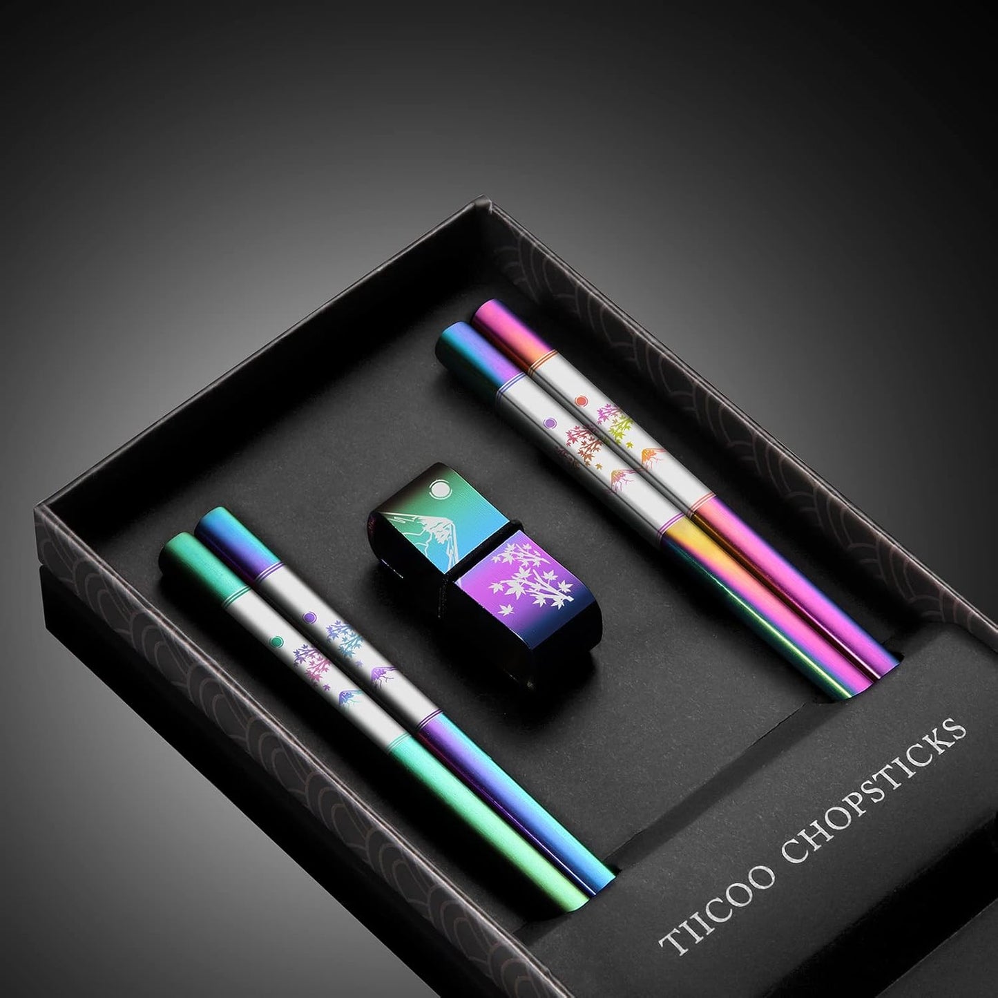Metal Chopsticks Reusable 2 Pairs Titanium Plated 18/8 Stainless Steel Chopsticks with Holder, Dishwasher Safe Non-Slip Japanese Style Laser Engraved Chop Sticks Gift Set (Rainbow)
