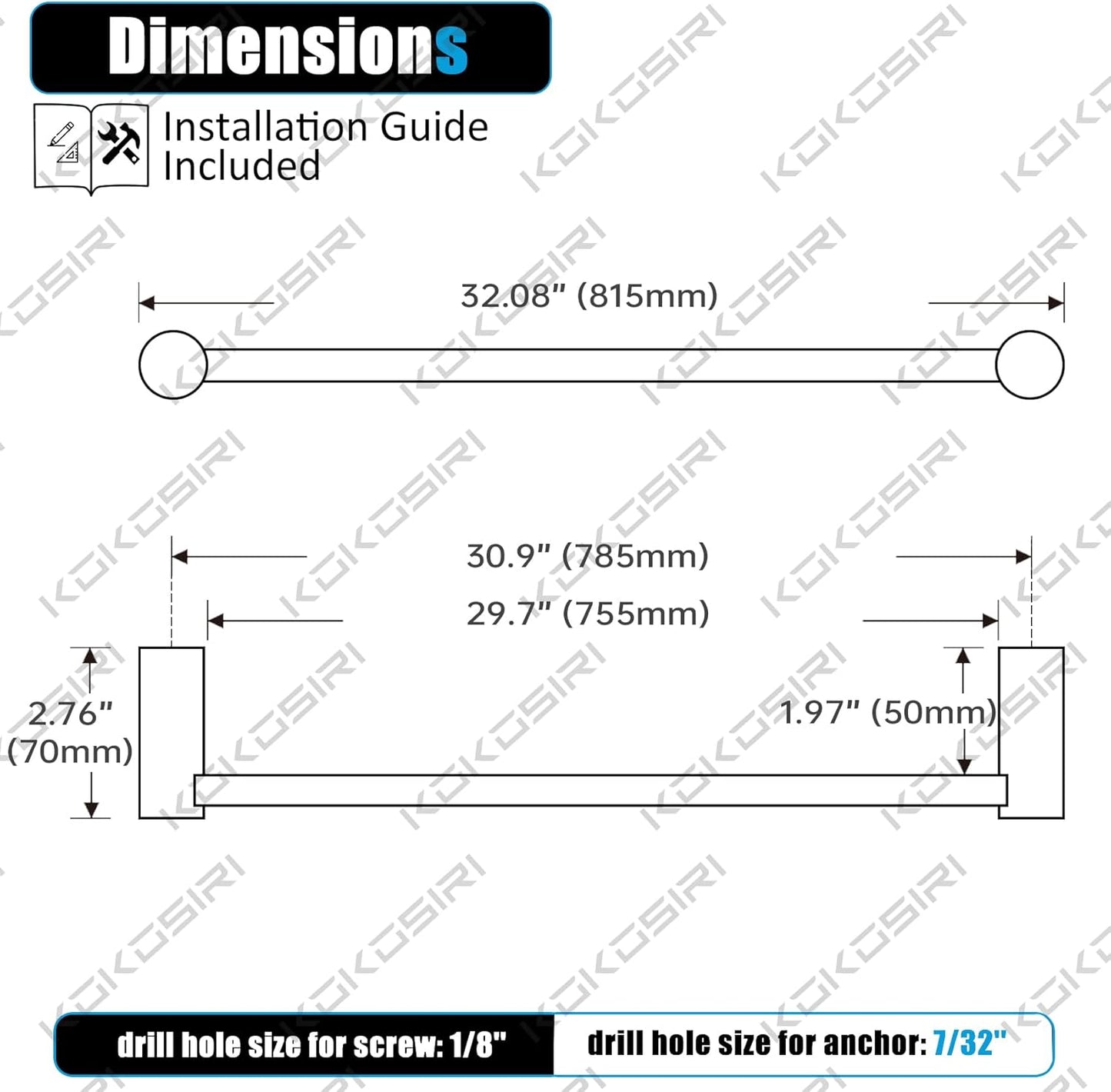 KOKOSIRI Towel Bar Polished Chrome 32-Inch Bath Towel Holder for Bathroom Wall Mounted Rail Stainless Steel Bathroom Hardware Accessories, B4007CH-L32
