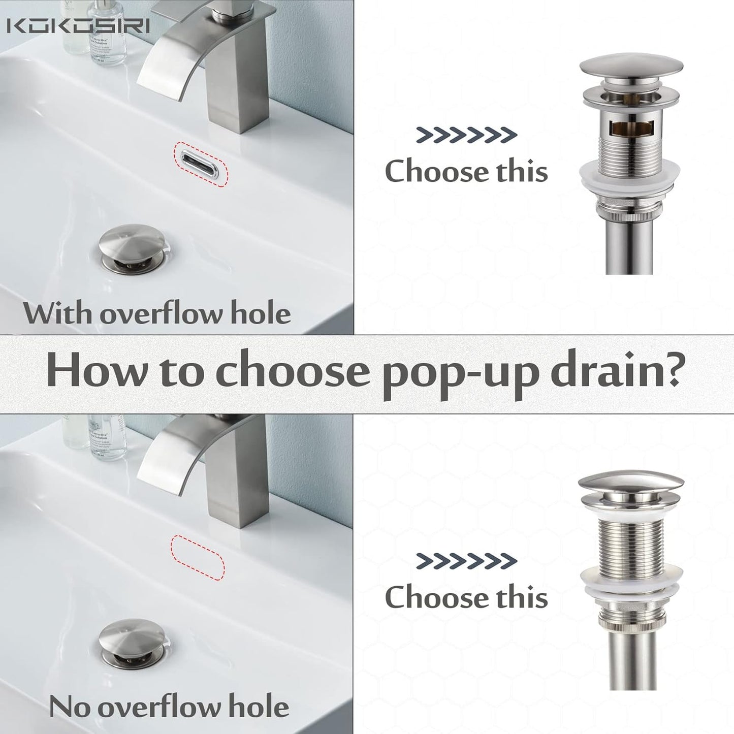 KOKOSIRI Bathroom Sink Drain with Detachable Hair Catcher, Brushed Nickel Pop Up Sink Drain with Strainer Basket Anti Clogging for Vanity Vessel Sink with Overflow, C1001BR