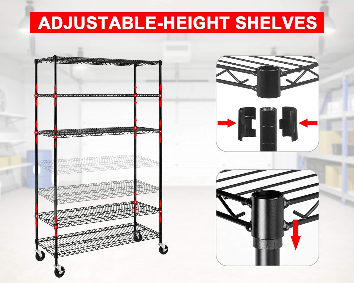 FDW 48" L×18" W×76" H Wire Shelving Unit Metal Shelf with 6 Tier Casters Adjustable Layer Rack Strong Steel for Restaurant Garage Pantry Kitchen Garage,Black