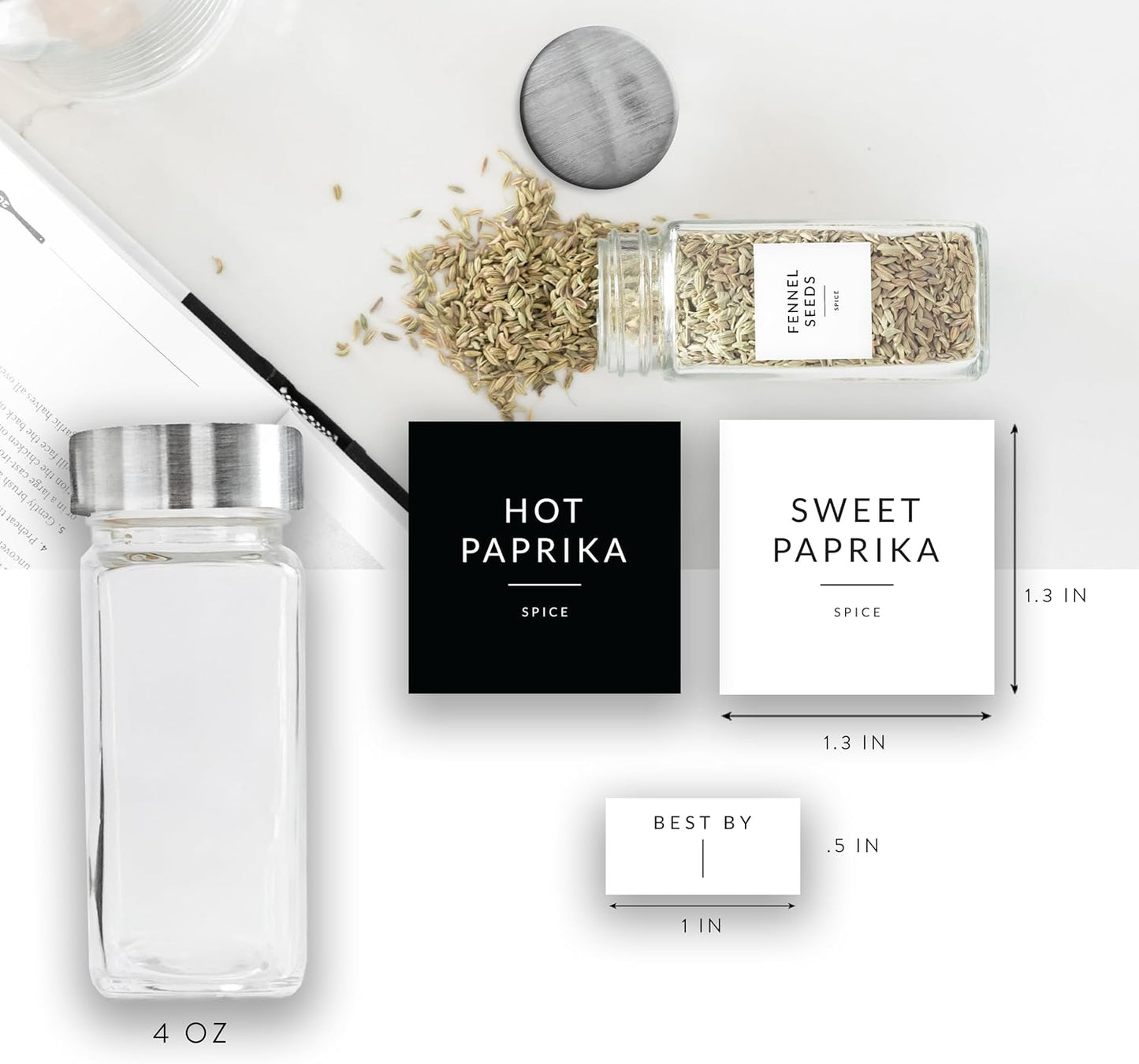 SAVVY & SORTED Glass Jars with 24PK 4oz Containers for Herbs and Seasonings – Includes Pepper Grinder, 374 Labels, Funnel, Shaker Lids & Empty Bottles