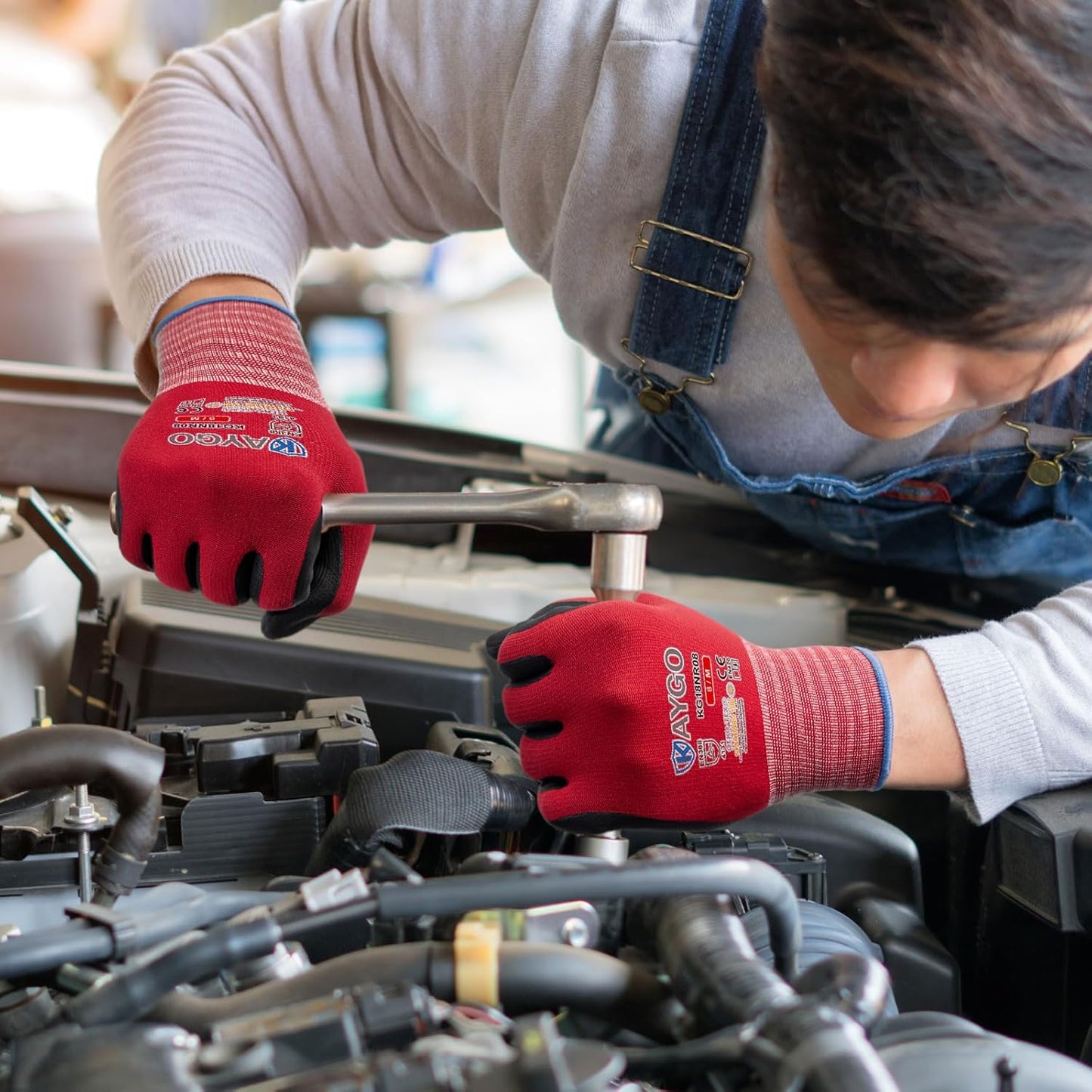 KAYGO Safety Work Gloves MicroFoam Nitrile Coated-3 Pairs, KG18NB,Seamless Knit Nylon Glove with Black Micro-Foam Nitrile Grip,Ideal for General Purpose,Automotive,Home Improvement,Red XX-Large