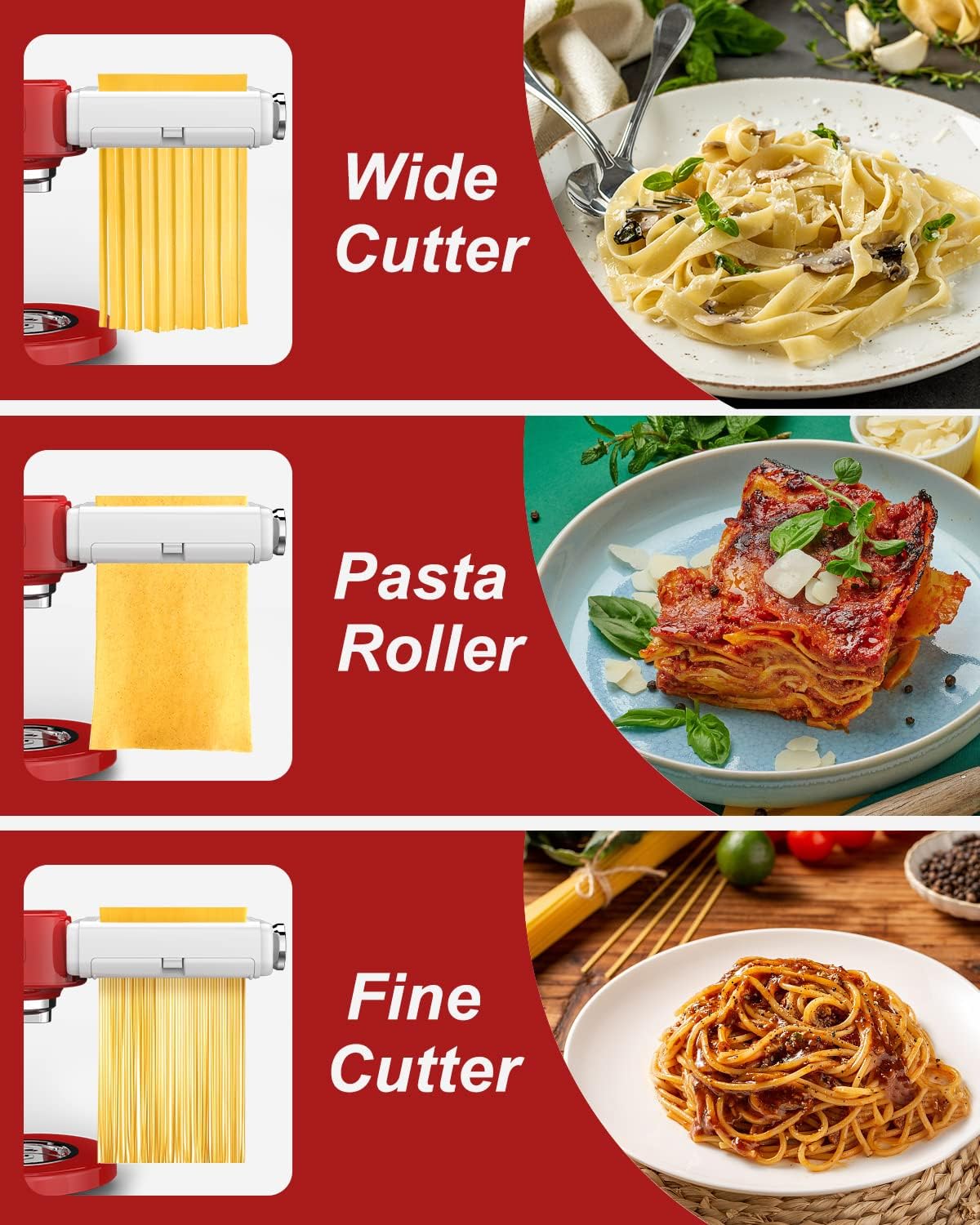 Pasta Maker Attachment for All Kitchenaid Mixers, Noodle Maker Kitchen Aid Mixer Accessories 3 In 1 Including Dough Roller Spaghetti Fettuccine Cutter - Homemade Fresh Pasta Easily!