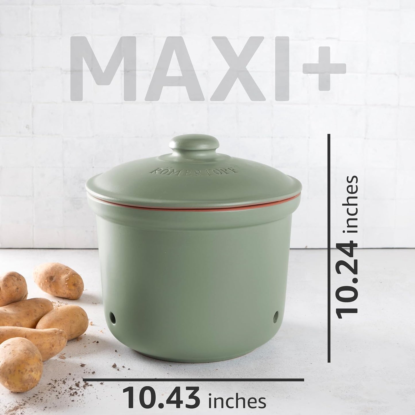 Romertopf Freshness Storage Potato Onion Garlic Clay Pot Set of 3 with Lids - Green