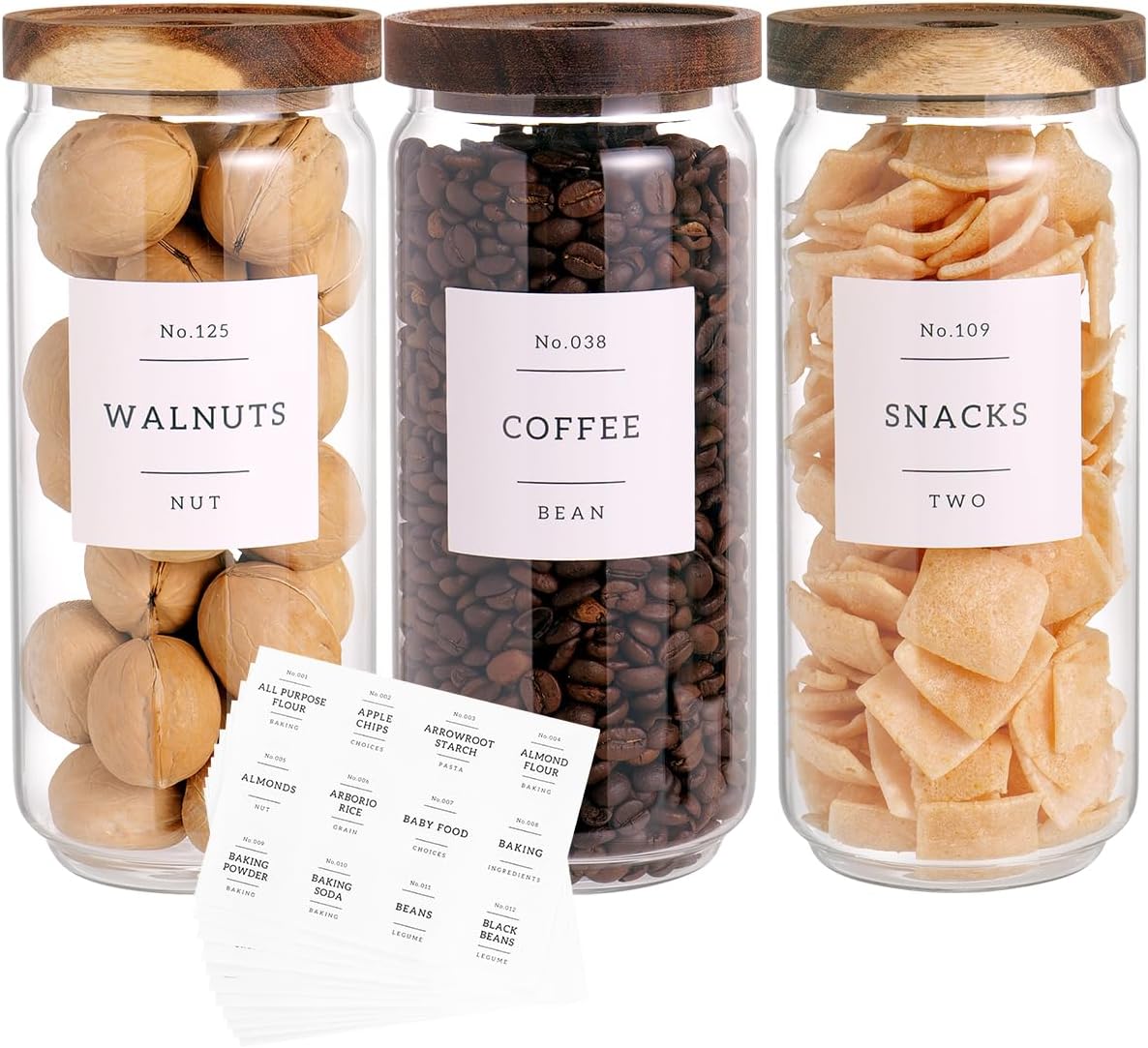 3 Set Glass Pantry Storage Jars with Acacia Airtight Lid - 35oz Thicken Glass Kitchen Canisters with 132 Pantry Labels - Clear Food Storage Containers with Wood Lid for Tea,Sugar,Cookie,Pasta