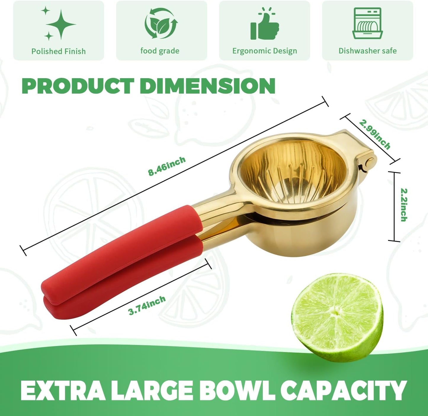 Lemon Squeezer,304 Stainless Steel Citrus Press Juicer,Non-Slip Grip Design Manual Juicer,Heavy Duty Manual Citrus Press Juicer & Lime Squeezer-Gold & Red