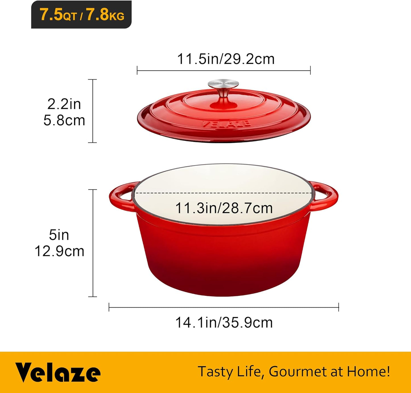 Velaze 7.5 QT Dutch Oven Pot with Lid, Enameled Cast Iron Dutch Oven with Dual Handles for Sourdough Bread Baking, Cooking, Non-stick Enamel Coated Cookware (RED)