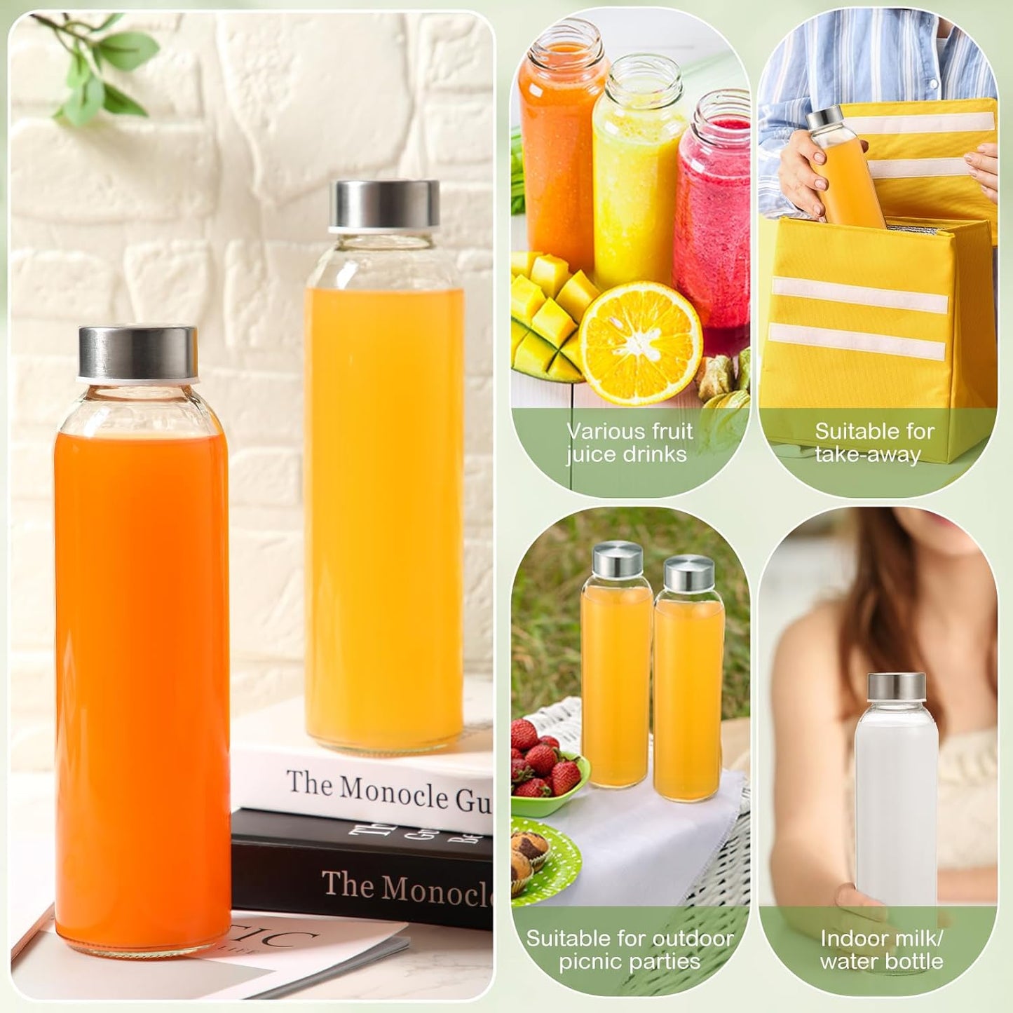 Vesici 12 Set 18 oz Clear Glass Water Bottles, Reusable Glass Juicing Bottles with Protection Sleeve and Stainless Steel Leak Proof Lids for Milk Smoothie Juice Beverage Tea (Colorful,Low Profile)