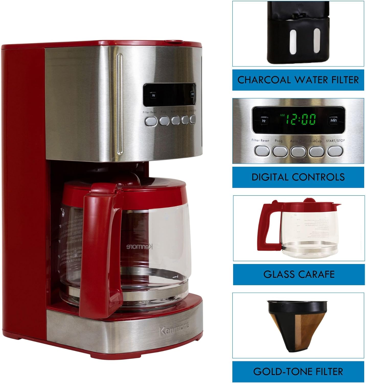 Kenmore Drip Coffee Maker - 12 Cup Programmable Cafe Machine With Glass Pot, Regular & Bold Brew, Auto Shut Off Large Water Reservoir, Reusable Filter, Kitchen Appliances For Cafeteria Barista, Red