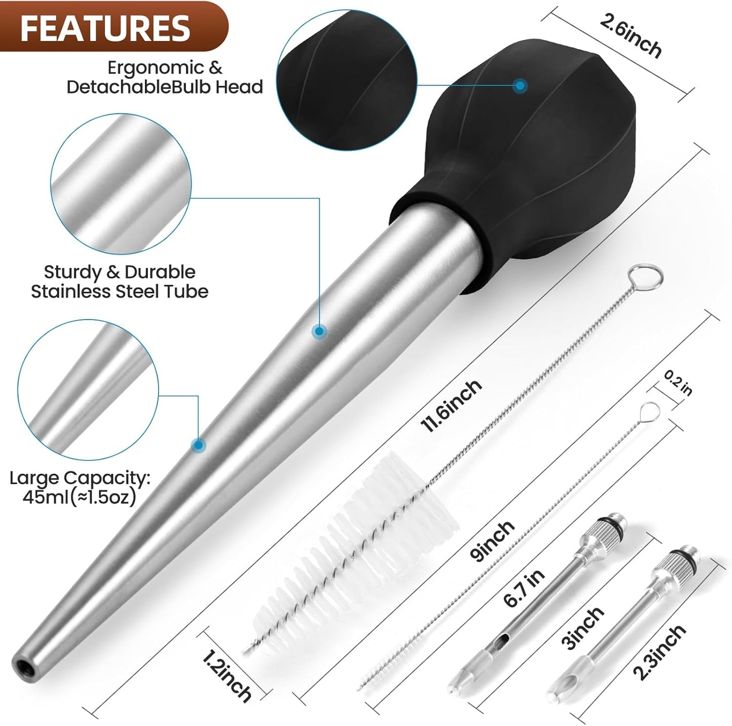 SCHVUBENR Large Turkey Baster with Cleaning Brush & Needle - Stainless Steel Baster Tool for Cooking - Easy to Use and Clean - Heavy Duty Baster Syringe - Flavor Meat Poultry, Beef, Chicken - Black