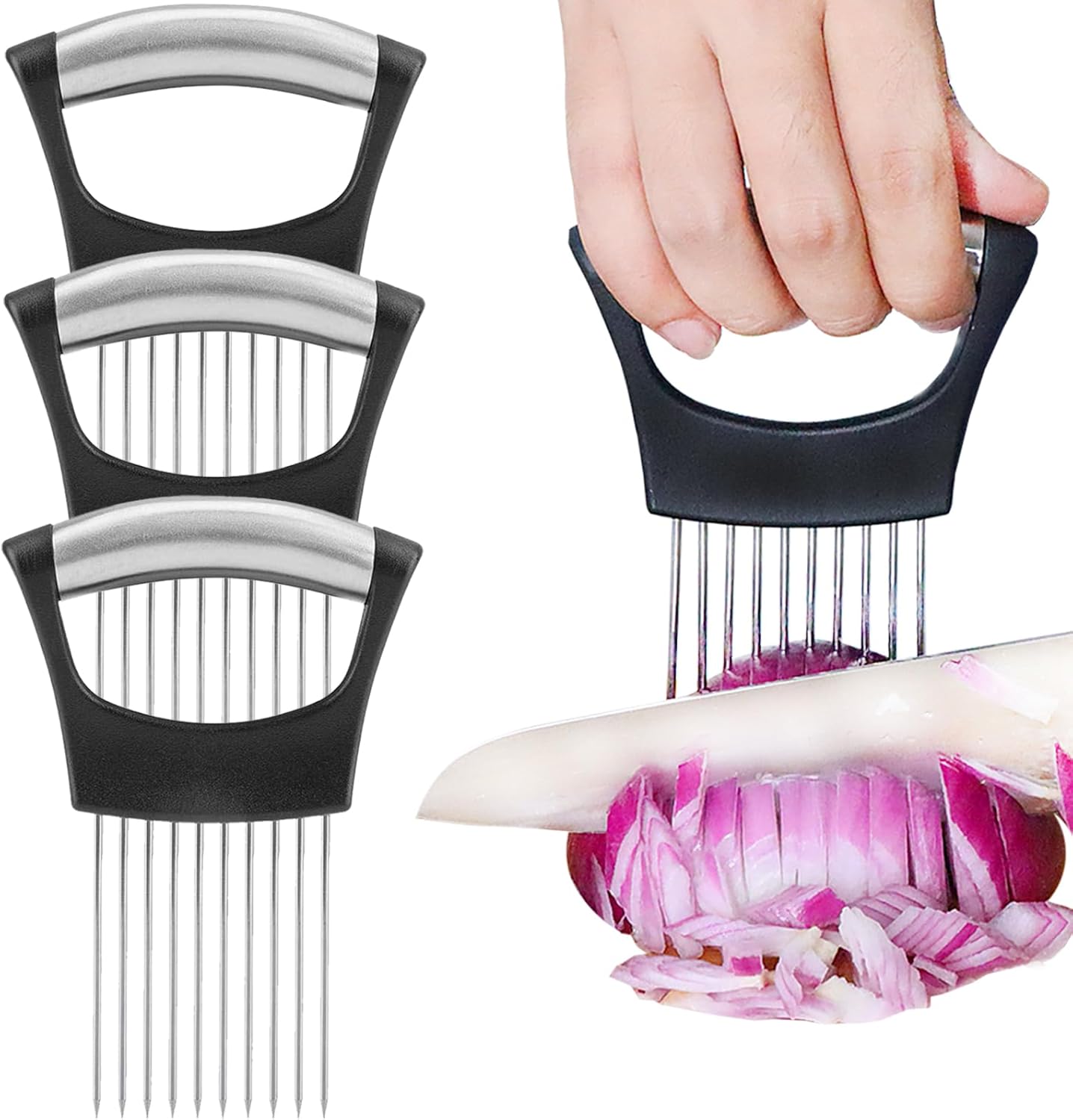 JAYVAR Onion Holder for Slicing, 3 Pieces Tomato Slicer, Stainless Steel Onion Chopper Veggie Cutter for Potato and Avocados, Food Slicer Assistant Tool, Useful Kitchen Gadgets Meat Tenderizer